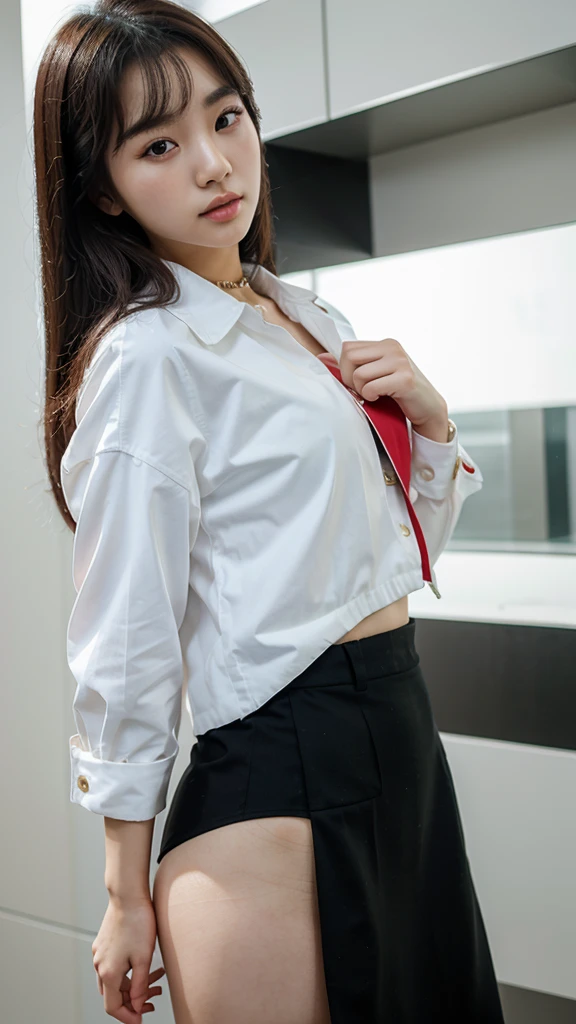 A korean girl in kpop elegent outfit
