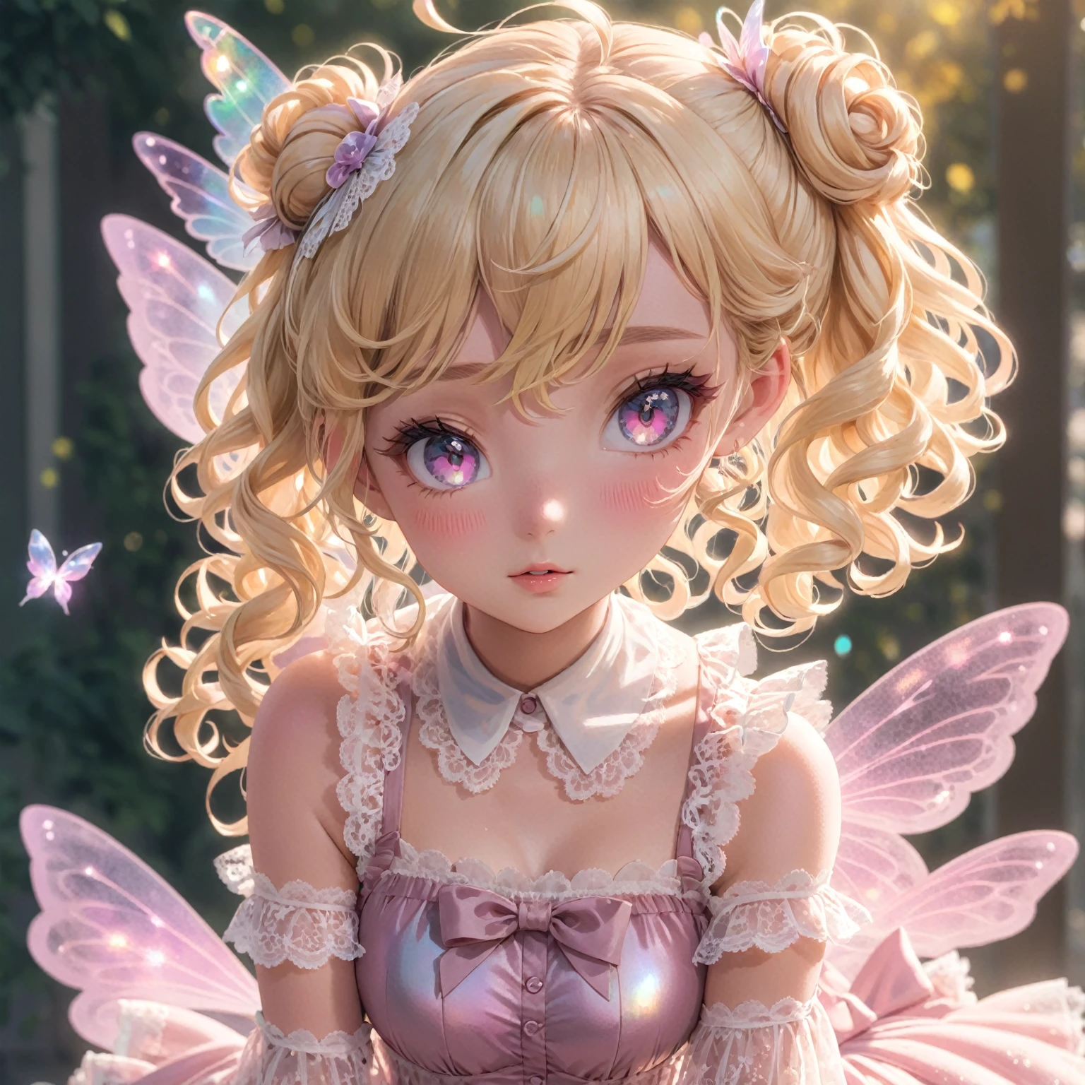 highres, best quality, girl, 1girl, fairy girl, iridescent fairy wings, blonde hair, blurry background, blush, curly hair in a messy bun, depth of field, hair between eyes, long hair, looking at viewer, parted lips, lace lolita dress, solo, upper body, pink tones, sunlight