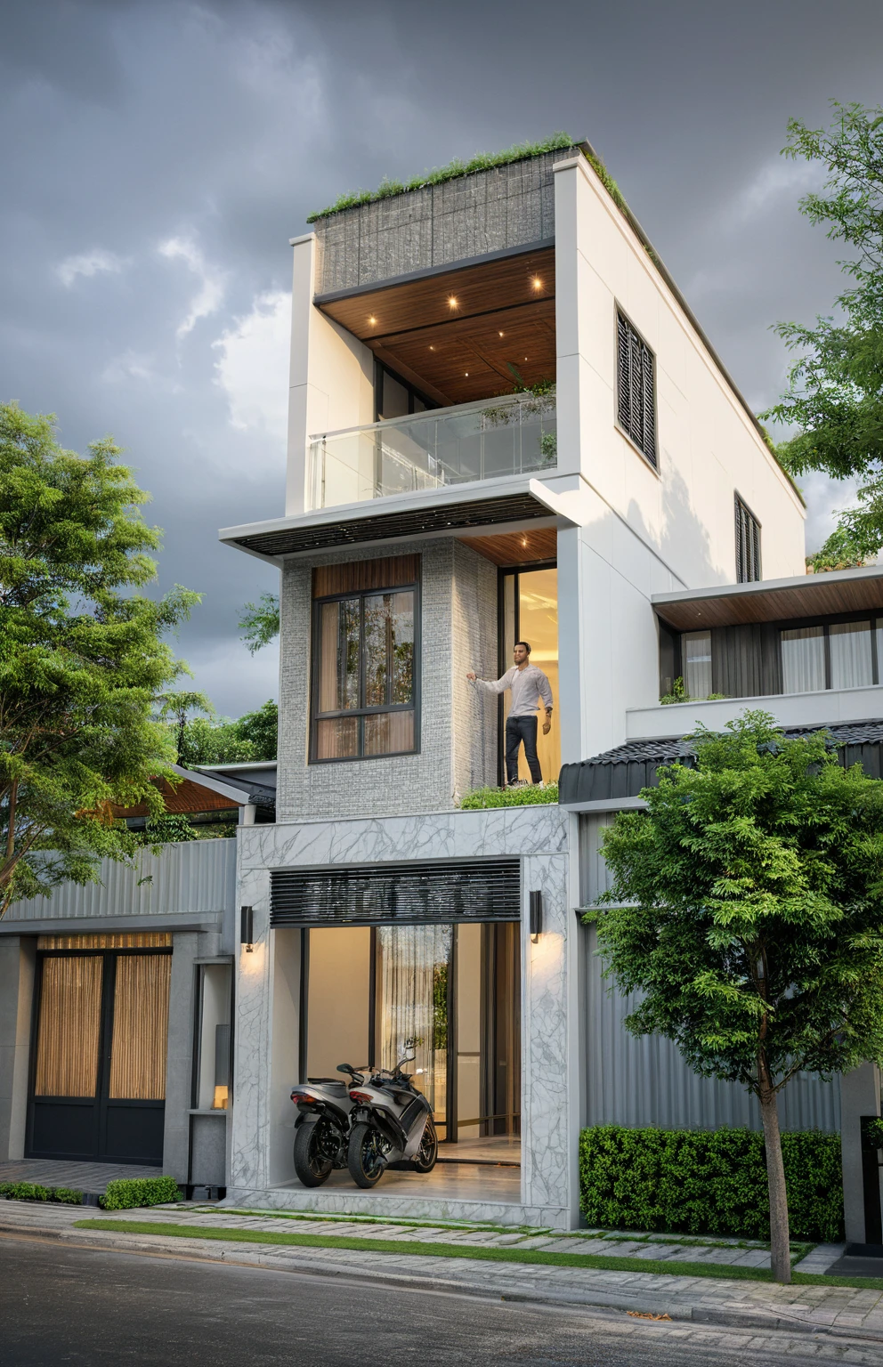 modern villa on street, (overcast lighting:1.2), tropical tree, vivid color, streetcapes, nice sky, grey and wwhite tone, (large glass door:1.2), warm interior lighting, modern material, best quality, ultra realistic, masterpiece, 17ArchiAI_XL_VL-v1
