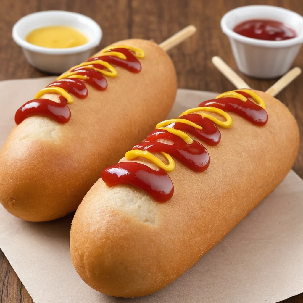 (Very detailed、Very detailedな顔、Highest quality:1.2)、Hot dogs have the following characteristics:: Juicy sausage sandwiched between buns。 The buns are slightly browned.、Plump。 Ketchup and mustard are put on the hot dog。 Pickles and potato chips are served on the side.