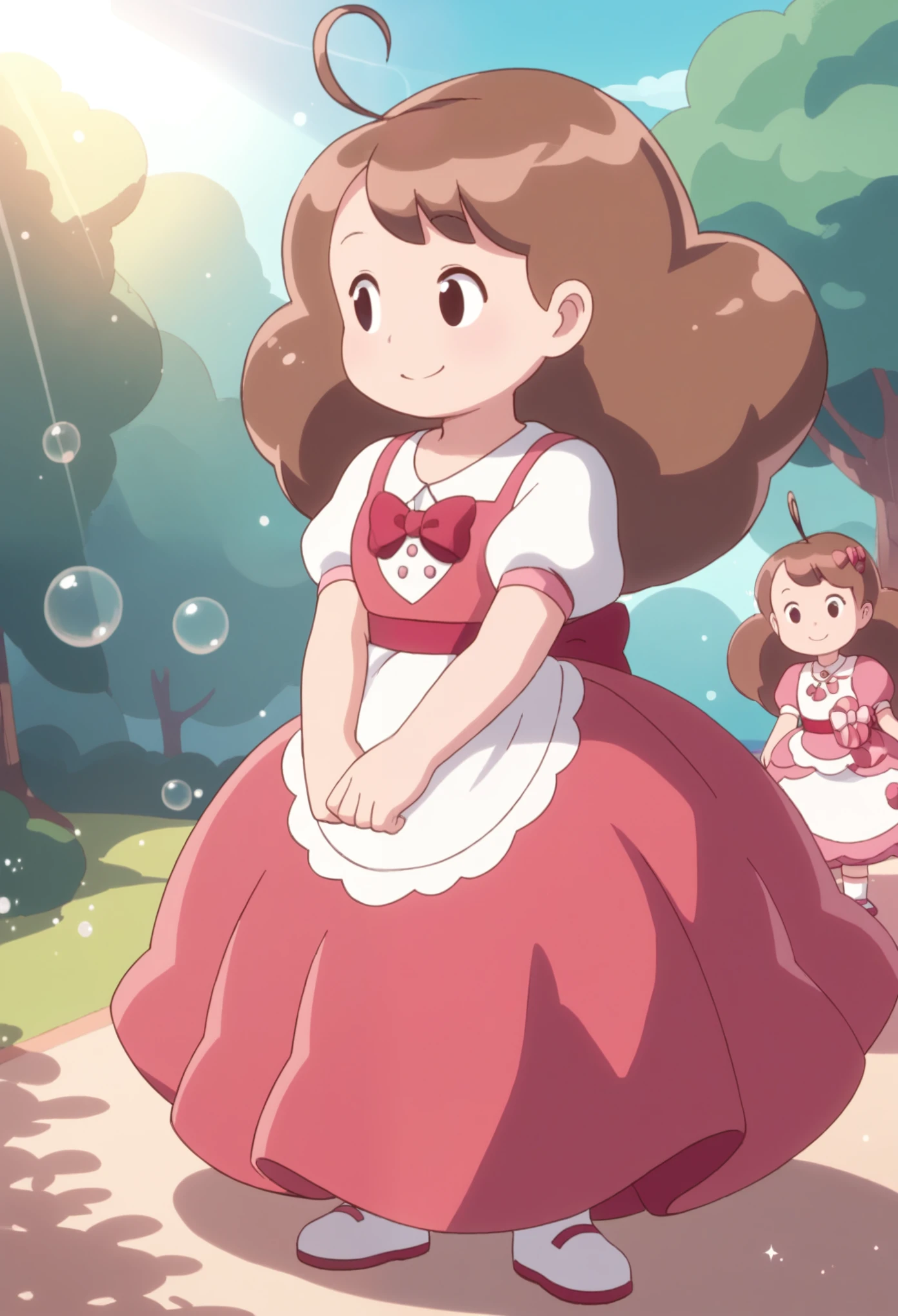 score_9, score_8, score_9, BREAK,, female_child, brown hair, ahoge, black eyes, ball gown, smile, bubbles, sparkles, sunroof, sunlight, natural lighting