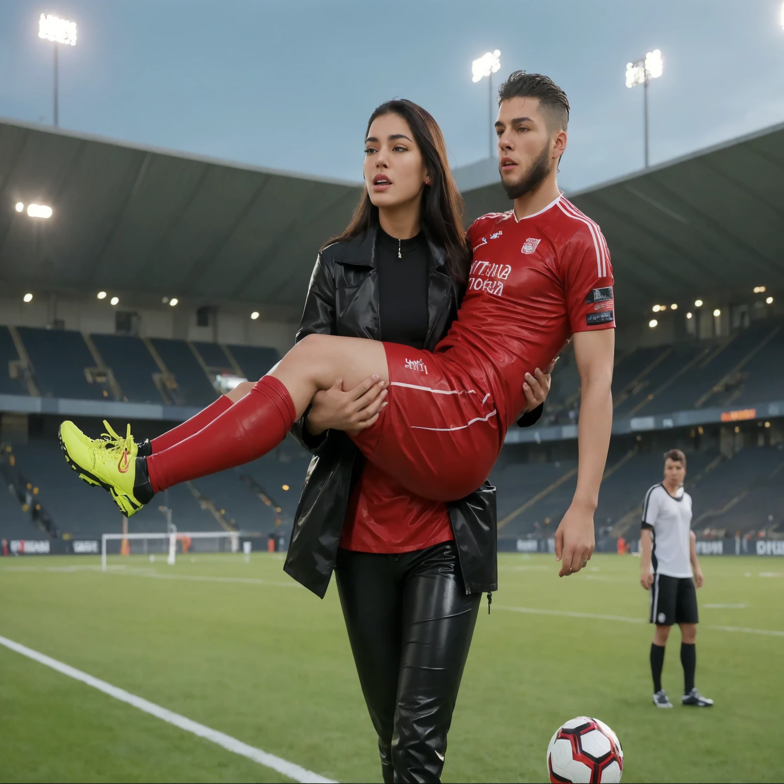 rainy weather, rainfall, humid, girl carries guy, lift and carry, an excessively madeup latino-girl in a high-shine wet black latex downcoat, a young madeup latino-girl in a shiny black vinyl downjacket, a madeup latino-girl in a shiny plastic-downcoat, a very sad and desperately crying latino-girl, an intensely madeup latino-girl in a glossy black vinyl-downcoat, latino-girl with lipstick, latino-girl with smoky eyes, dramatic action pose, woman that is carrying a skinny shorthaired man, there is a beautiful woman in a shiny coat who is carrying a shorthaired blond man in her arms, a longhaired beautiful woman in a high-shine black puffy coat, a longhaired woman in a shiny downcoat, a woman is carrying a shorthaired man who is wearing black shorts, a weak shorthaired man in black shorts is consciousless and needs to be carried, a shorthaired man with closed eyes is carried in the arms of a longhaired latino-woman, a latino-woman looks very scared and terrified, a consciousless shorthaired man with closed eyes is suffering very much and has a very painful face, photo, photo shoot, photographed, arafed man being carried by a woman on a plane, very realistic, very very realistic, hyper-realistic, hyper - realistic, hyper realistic, jacket over bare torso, very disturbing, very hyperrealistic, tom cruise torso, super realistic, hyperrealistic!, extremely realistic, very very very realistic, super-realistic