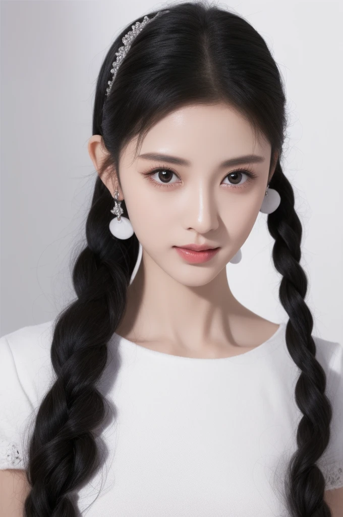 masterpiece, best picture quality, Extreme details, ultra high resolution, ultra high definition, Beautiful girl, woman, shiny skin, thin, black hair, short ponytail, 1, big eyes, beautiful eyes, lipstick, Exquisite facial features, bust, look at the viewer, t-shirt, single tone background, White background, soft light