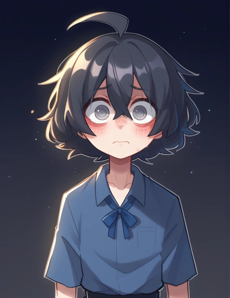 1 girl, alone, ppka, black fur, short hair, messy fur, Ahoge, parts, parts all over the body, grey eyes, blind eyes, kind eyes, very nervous, Blushing, looking at the viewer,
Hair tied with a thin ribbon, list brook, night blue shirt, black pantaloon, ripped pants, black vans, dark background, aesthetic