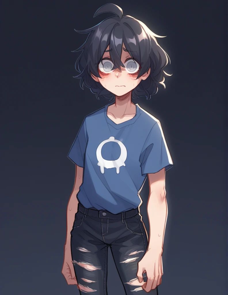 1 girl, alone, ppka, black fur, short hair, messy fur, Ahoge, parts, parts all over the body, grey eyes, blind eyes, kind eyes, very nervous, Blushing, looking at the viewer,
Hair tied with a thin ribbon, list brook, night blue shirt, black pantaloon, ripped pants, black vans, dark background, aesthetic
