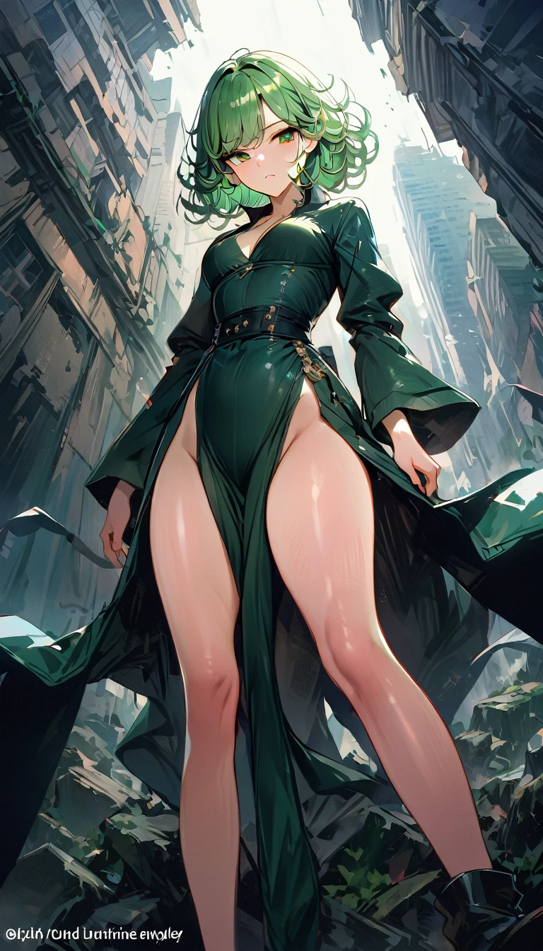 (high quality, 8k, 4K, high contrast, artwork:1.2, high quality, best aesthetics), (dynamic angle), ((1 woman)), erotic, sensual, mature body, super detailed, beautiful face detailed, beautiful eyes detailed, detailed beautiful mouth, sexy body, perfect breats, perfect wide thighs, (short wavy dark green hair), (dark green eyes), (serious facial expression), (long green dress with exposed thighs and long sleeves), (standing in an upright and centered posture), (city in destruction in the background), (looking at the viewer).