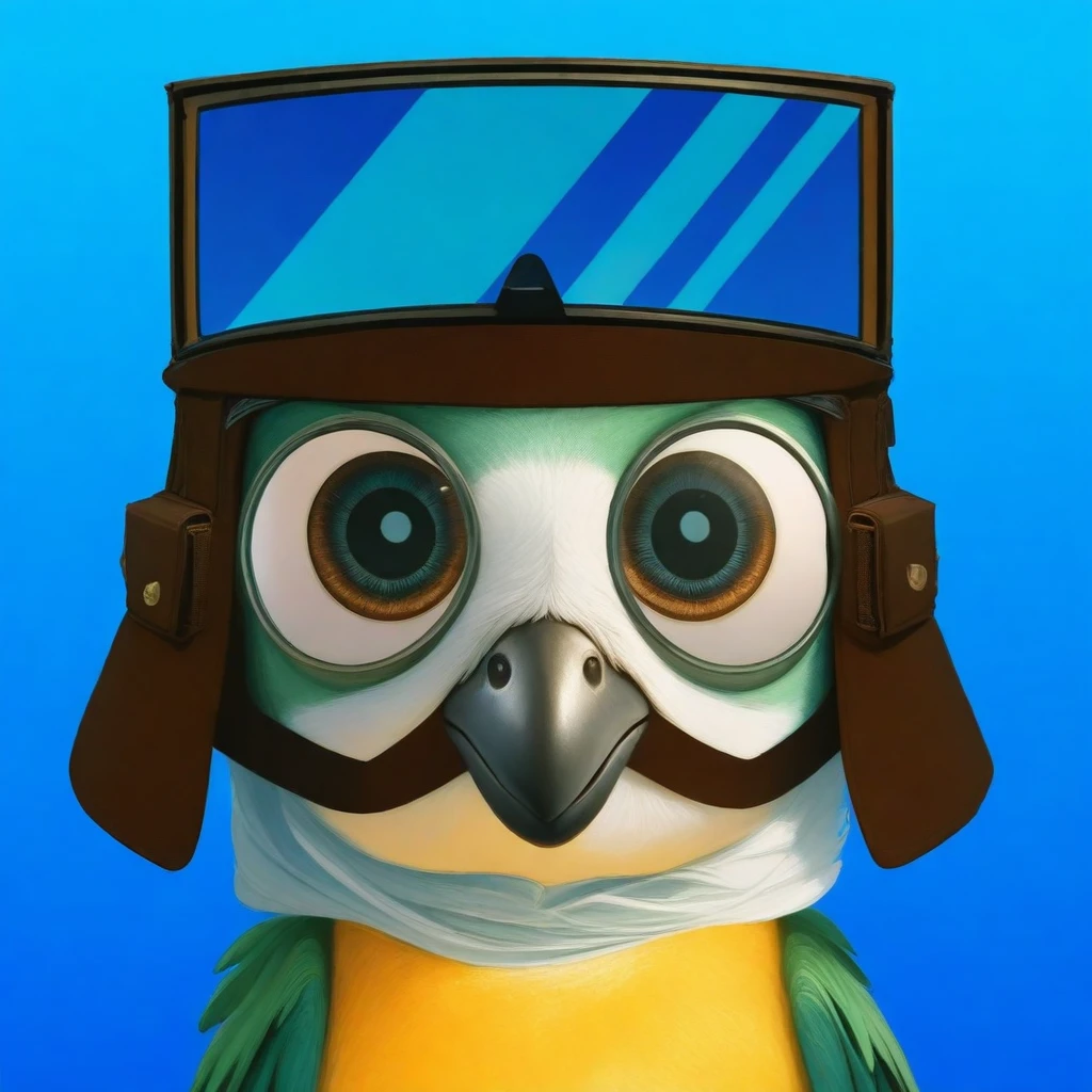 A charming cartoon bird character with large, sparkling eyes looking directly at us. The bird has a green and white face with a prominent big black beak. It wears a brown aviator's helmet with detailed straps and buckles, and large, square, reflective goggles, but these are positioned on top of the bird's head rather than being worn properly. The background is a simple, solid white, highlighting the character and adding to the adventurous feel of the image. The art style is vibrant and expressive, capturing a sense of excitement and playfulnessmultiple light sources, rim light, sharp post effects render, perfect cgi, smooth silhouette, high intensity refraction, most beautiful vfx, realistic, 4k, high resolution, rim light, smooth 3d model