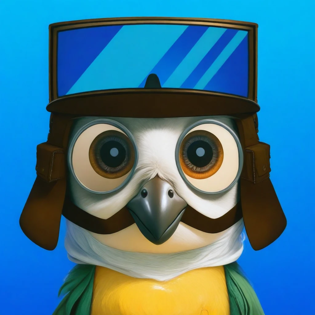 A charming cartoon bird character with large, sparkling eyes looking directly at us. The bird has a green and white face with a prominent big black beak. It wears a brown aviator's helmet with detailed straps and buckles, and large, square, reflective goggles, but these are positioned on top of the bird's head rather than being worn properly. The background is a simple, solid white, highlighting the character and adding to the adventurous feel of the image. The art style is vibrant and expressive, capturing a sense of excitement and playfulnessmultiple light sources, rim light, sharp post effects render, perfect cgi, smooth silhouette, high intensity refraction, most beautiful vfx, realistic, 4k, high resolution, rim light, smooth 3d model