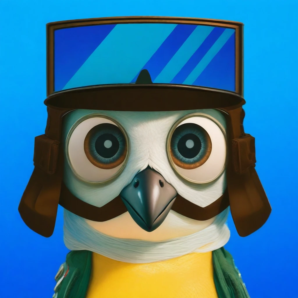 A charming cartoon bird character with large, sparkling eyes looking directly at us. The bird has a green and white face with a prominent big black beak. It wears a brown aviator's helmet with detailed straps and buckles, and large, square, reflective goggles, but these are positioned on top of the bird's head rather than being worn properly. The background is a simple, solid white, highlighting the character and adding to the adventurous feel of the image. The art style is vibrant and expressive, capturing a sense of excitement and playfulnessmultiple light sources, rim light, sharp post effects render, perfect cgi, smooth silhouette, high intensity refraction, most beautiful vfx, realistic, 4k, high resolution, rim light, smooth 3d model