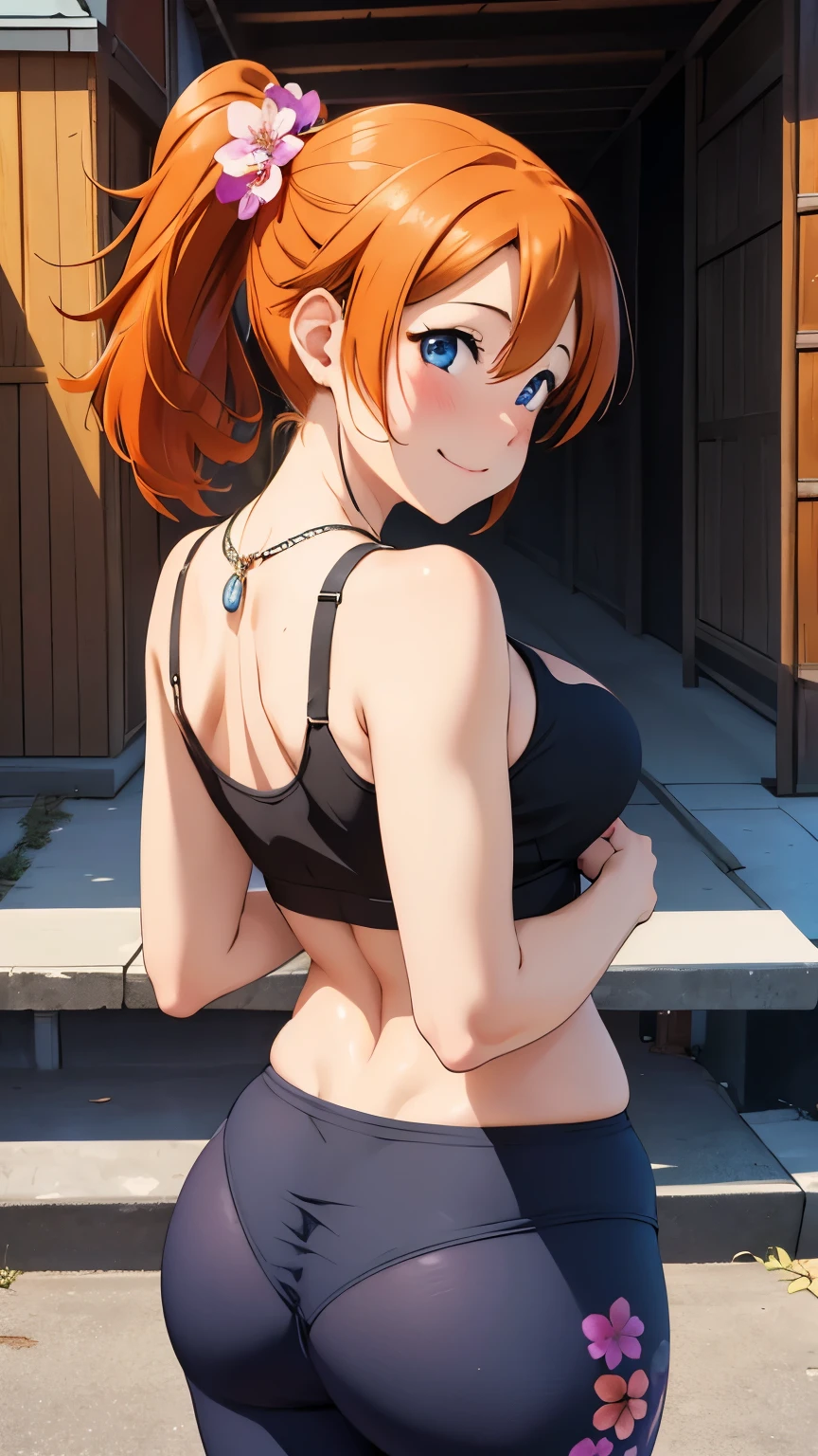 (Masterpiece, Best Quality, High quality), kousaka honoka, orange hair, low ponytail, blue eyes, illustration, beautiful, Blushing, breasts, looking back at viewer, flowers printed tank top, yoga pants, solo, curvy body, floral print, confident, seductive smile, (arms behind back, head tilt:1.1), heart pendant, perfect lighting, perfect shadows, flower, (breathtaking scenery:1.1), tree, blushing, from behind