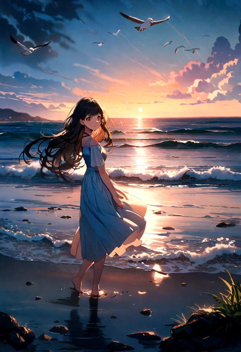 Beautiful long black hair,Brown eyes,20 year old girl,Stroll by the sea,Picturesque scenery,breeze,Hazy sunlight,Golden light reflected on the water,Warm sand between toes,Seagulls flying in the sky,The sound of the waves crashing,Peaceful and tranquil atmosphere,Soft waves caress the shore,Shells scattered along the coastline,The salty taste of the ocean,Palm trees sway in the wind,The crimson sunset paints the sky in vibrant colors,Breathtaking views,(best quality,4K,8K,high resolution,masterpiece:1.2),Extremely detailed,Practical,photoPractical:1.37,Seaside view,The tranquility of nature,The beauty of this moment,majestic tranquility.