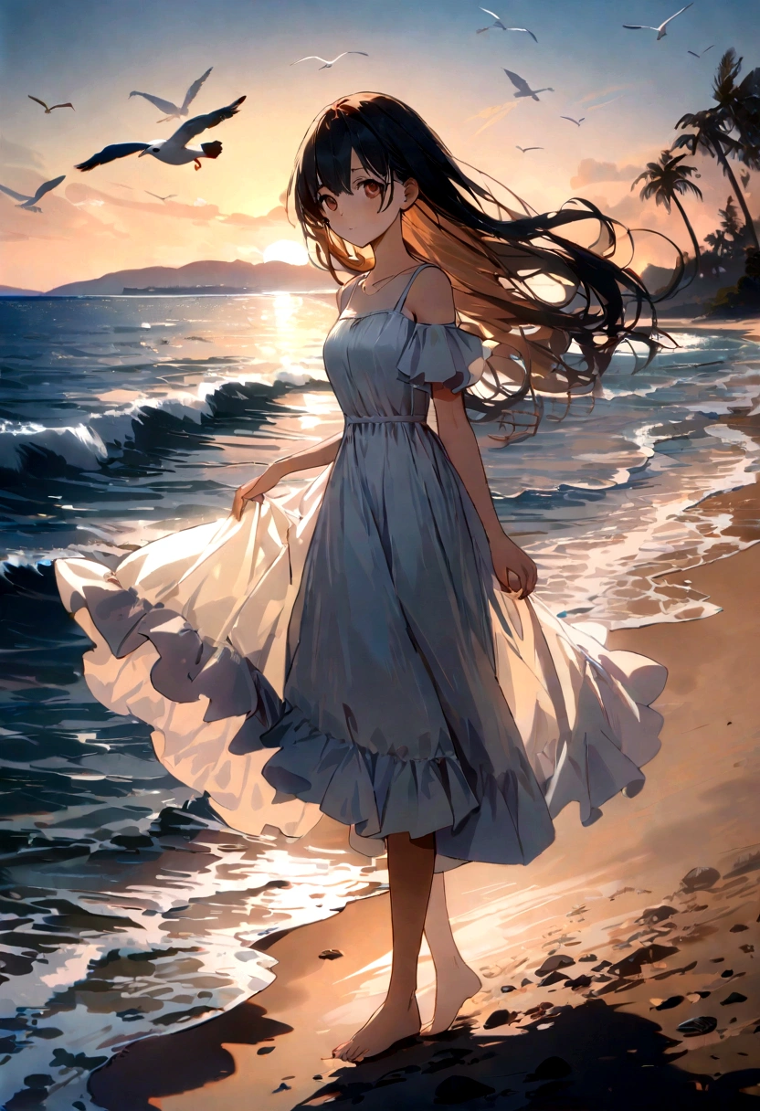 Beautiful long black hair,Brown eyes,20 year old girl,Stroll by the sea,Picturesque scenery,breeze,Hazy sunlight,Golden light reflected on the water,Warm sand between toes,Seagulls flying in the sky,The sound of the waves crashing,Peaceful and tranquil atmosphere,Soft waves caress the shore,Shells scattered along the coastline,The salty taste of the ocean,Palm trees sway in the wind,The crimson sunset paints the sky in vibrant colors,Breathtaking views,(best quality,4K,8K,high resolution,masterpiece:1.2),Extremely detailed,Practical,photoPractical:1.37,Seaside view,The tranquility of nature,The beauty of this moment,majestic tranquility.
