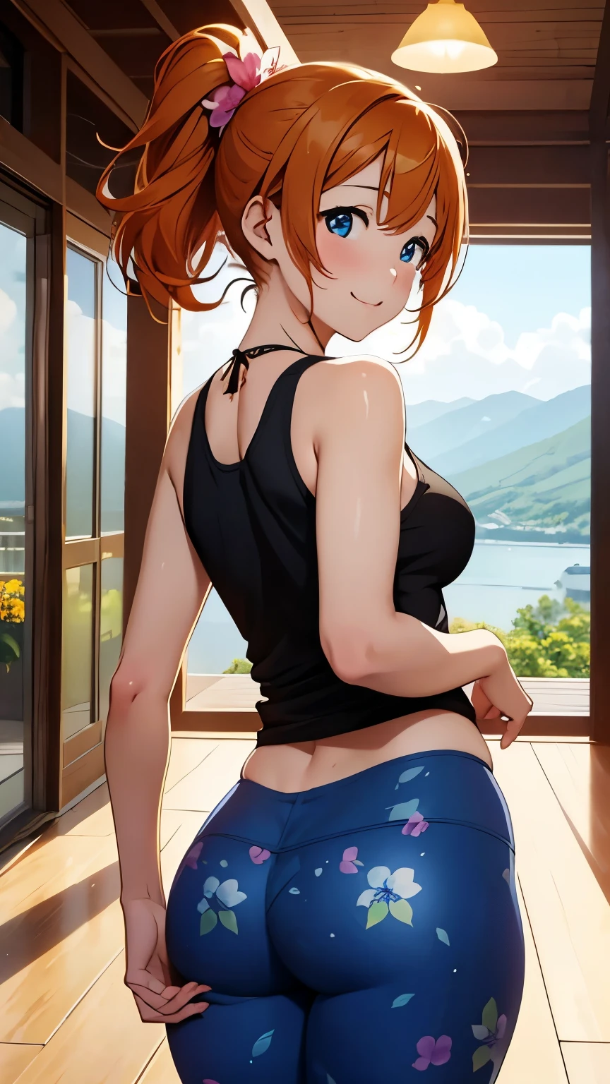 (Masterpiece, Best Quality, High quality), kousaka honoka, orange hair, low ponytail, blue eyes, illustration, beautiful, Blushing, breasts, looking back at viewer, flowers printed tank top, yoga pants, solo, curvy body, floral print, confident, seductive smile, (arms behind back, head tilt:1.1), heart pendant, perfect lighting, perfect shadows, flower, (breathtaking scenery:1.1), tree, blushing, from behind