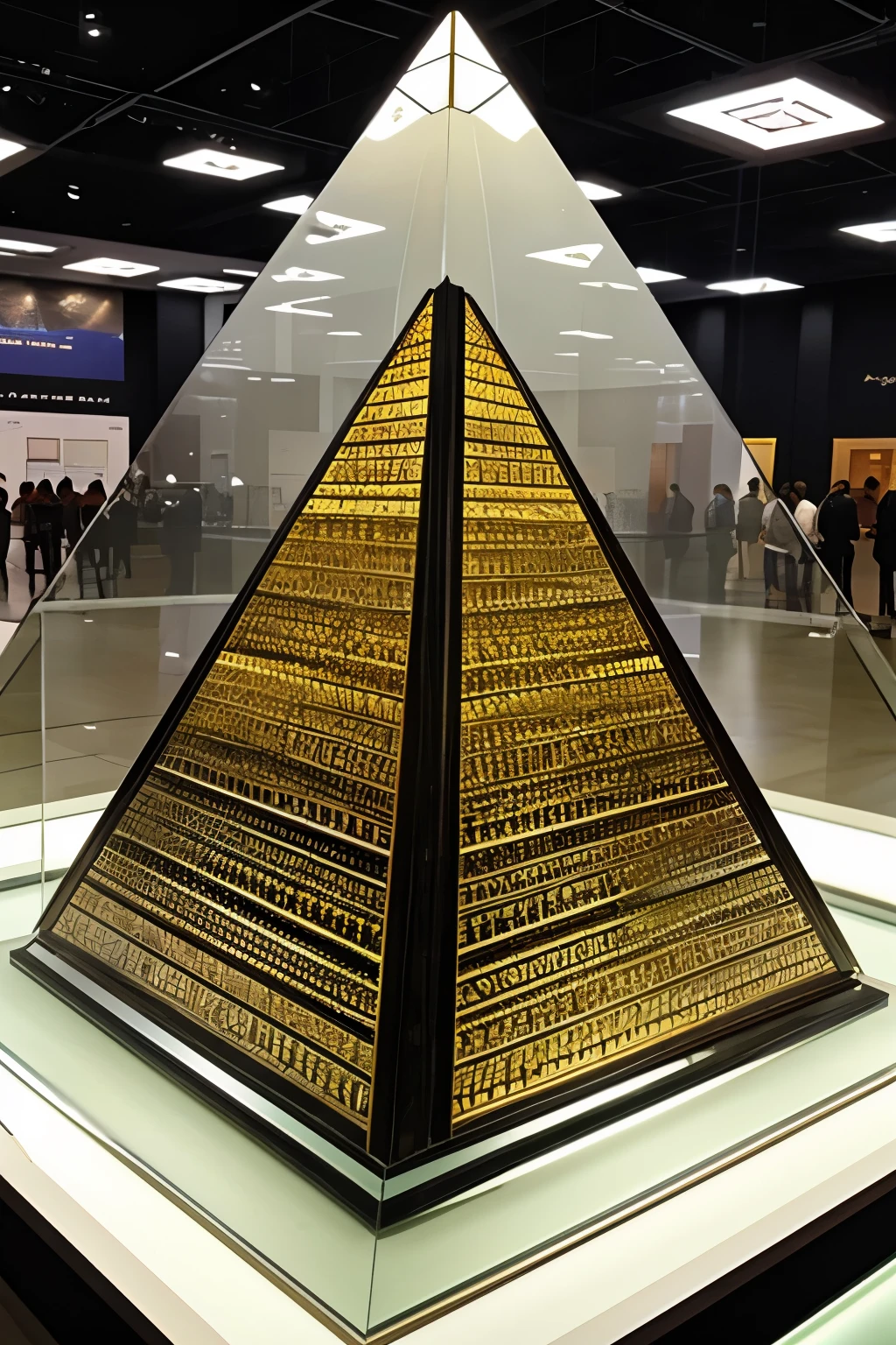 ((best quality)), ((masterpiece)), (detailed), 1A pyramid hanging on the wall of the exhibition hall,Transparent glass material,Pyramid showcase,The pyramid has 5 internal compartments