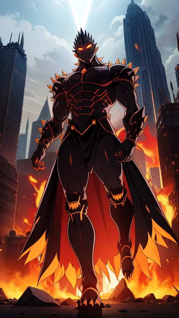 Original Kaiju form of a human, sharp, obsidian-like plates that overlap like armor, Elongated and somewhat reptilian head, with a pronounced crest of jagged obsidian spikes running from the forehead to the back of the neck. Four glowing, amber eyes are set deep in the skulls, arms with massive claws and blades, feet have three large, taloned toes, A long, whip-like tail ending in a mace-like cluster of obsidian spike, orange lines and aura in between armor. HD. city background destroyed