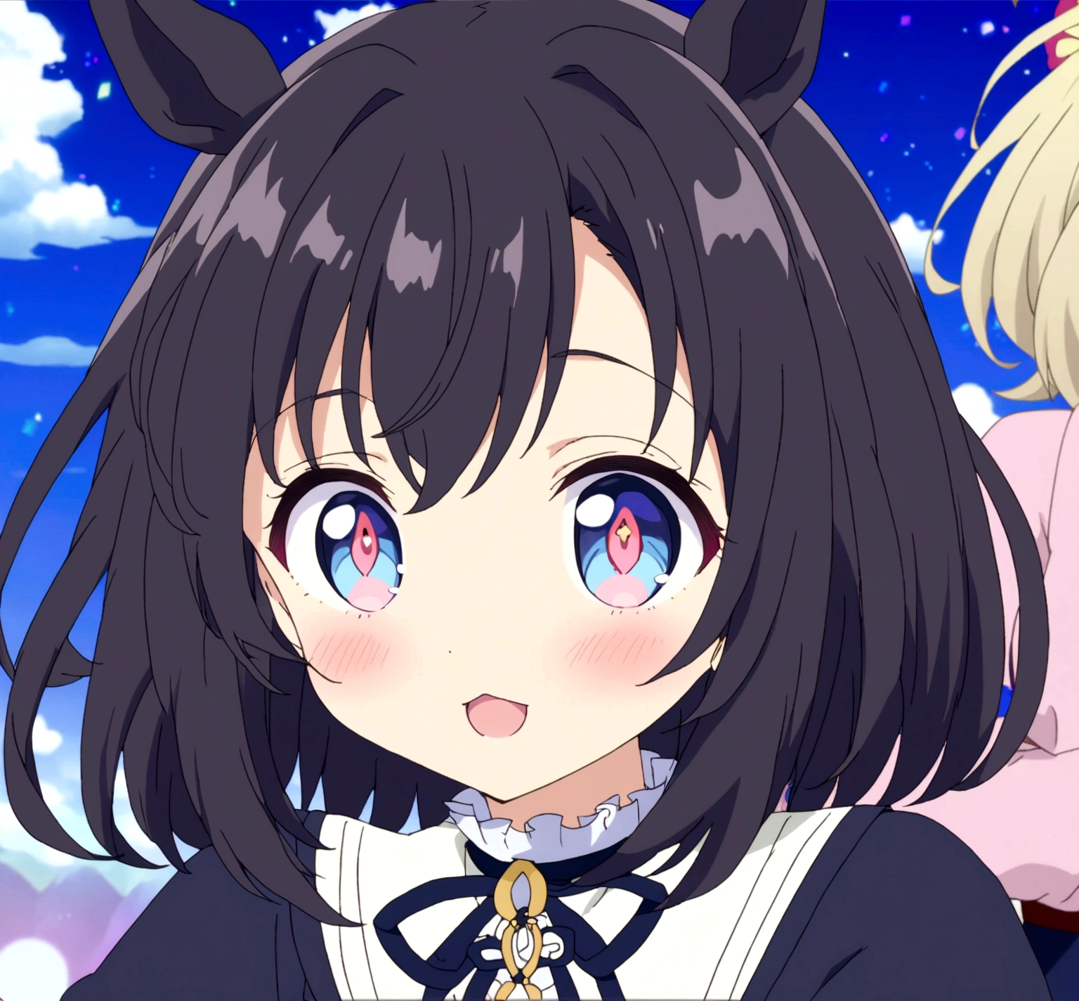 Anime girl with black hair wearing a white shirt and blue eyes looking at the, ruan cute vtuber, hanayamata, vtuber, in an anime, anime visual of a cute girl, umamusume, anime moe art style, safebooru anime image, as an anime character, trigger anime artstyle, anime visual of a young woman, cute anime waifu in a nice dress, shuushuu anime image, anime waifu, 2 0 1 9 anime, anime girl named lucy, cute anime style, gelbooru anime image, flirty anime witch casting magic, black anime pupils in her eyes