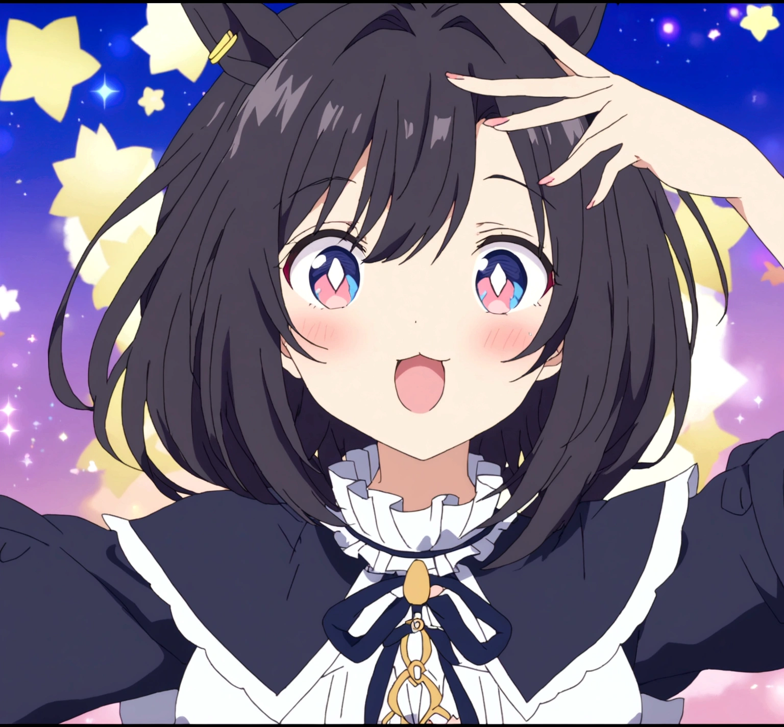 Anime girl with black hair wearing a white shirt and blue eyes looking at the, ruan cute vtuber, hanayamata, vtuber, in an anime, anime visual of a cute girl, umamusume, anime moe art style, safebooru anime image, as an anime character, trigger anime artstyle, anime visual of a young woman, cute anime waifu in a nice dress, shuushuu anime image, anime waifu, 2 0 1 9 anime, anime girl named lucy, cute anime style, gelbooru anime image, flirty anime witch casting magic, black anime pupils in her eyes