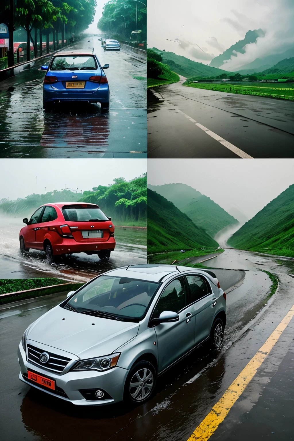 Create an AI image or collage of a monsoon in India, in which we can see beauty of monsoon, some traffic incidents, potholes, and rain pouring on urban and rural areas of India.