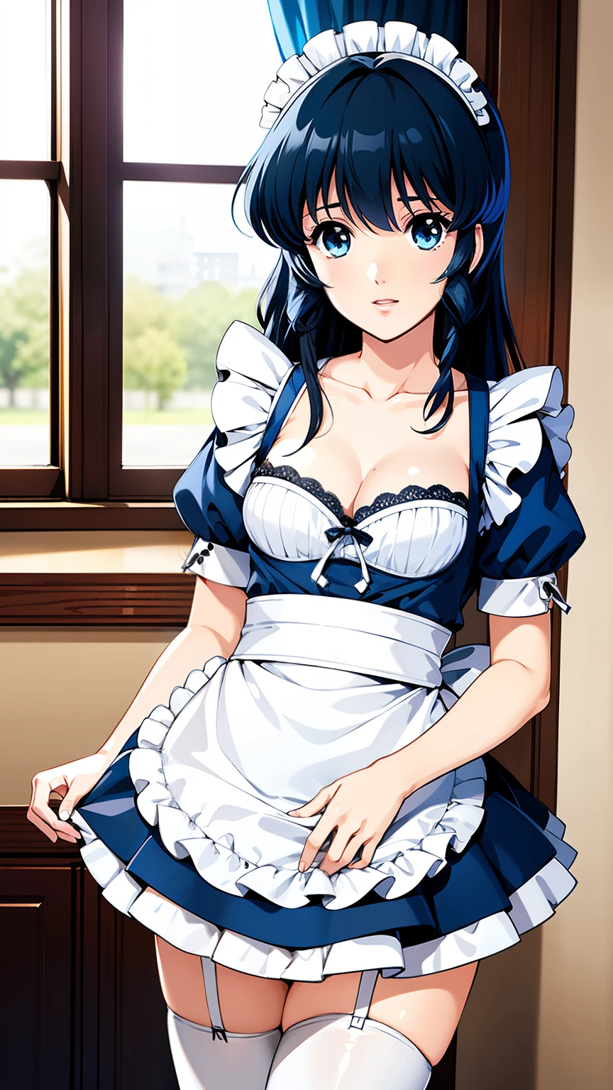 LynnMinmay, 1girl, solo, black hair, cowboy shot, ultra-detailed, best quality, masterpiece, illustration, game cg, (maid), short puffy sleeves, small maid apron, thigh highs, collarbone, cleavage