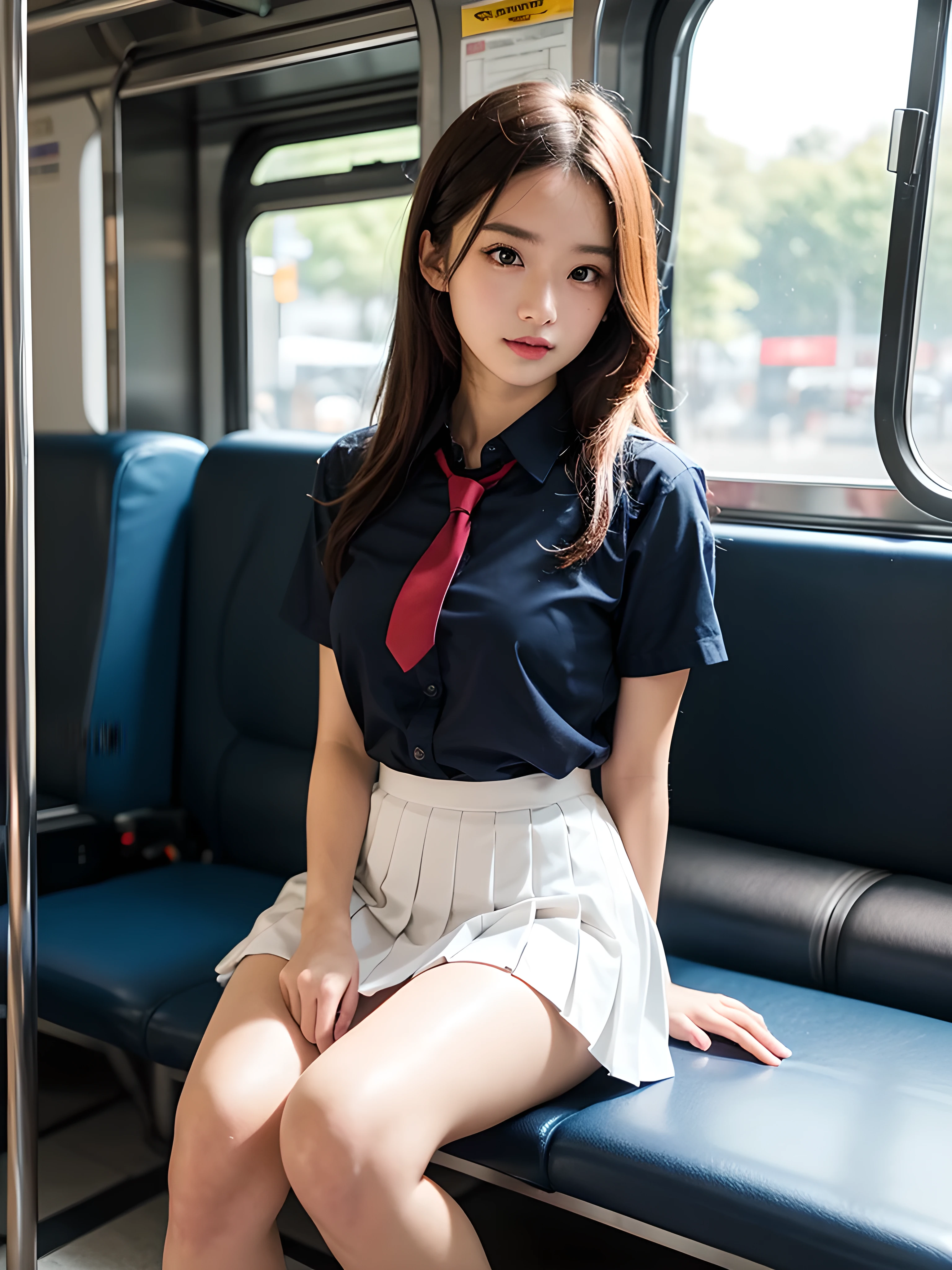 (Tabletop, Highest quality:1.2), 8K, 15-year-old student, 85mm, Official Art, RAW Photos, Absurd, White dress shirt, Pretty face, close, Upper Body, violet, Gardenia, beautiful girl, , (Navy Pleated Skirt:1.1), Squeeze the waist, Thighs Thighs Thighs Thighs, Short sleeve, in the train, sit on bench seat, View your audience, No makeup, (smile:0.4), Film Grain, chromatic aberration, Sharp focus, Face Light, Bright lighting, Teen, Detailed face, Bokeh Background, (Dark red tie:1.1)、sexy