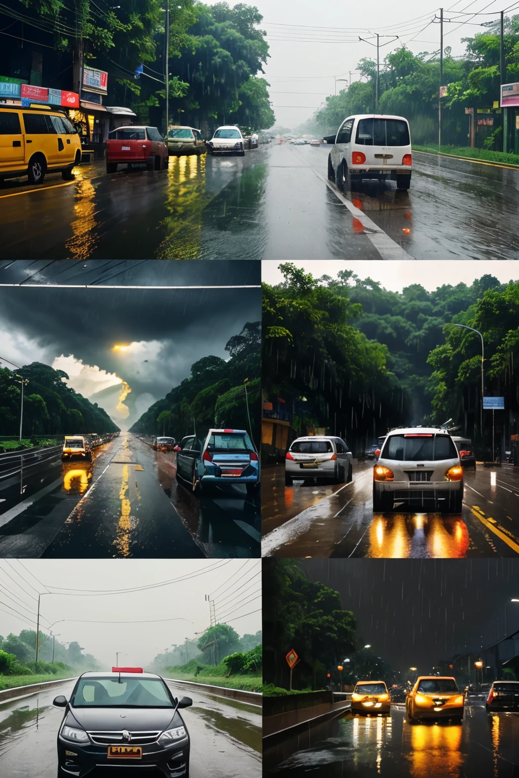 Create an AI image or collage of a monsoon in India, in which we can see beauty of monsoon, some traffic incidents, potholes, and rain pouring on urban and rural areas of India.