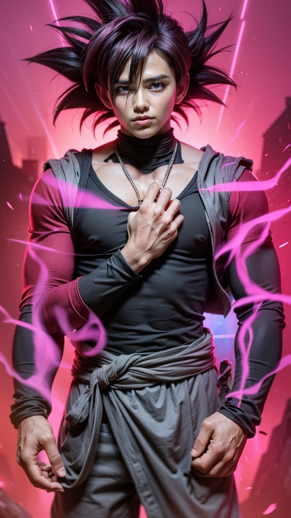 ((masterpiece, best quality)),(complex light), 1boy,man,solo,upper body, goku black,pink hair,pink eyes, destroyed debris background,red aura, cinematic