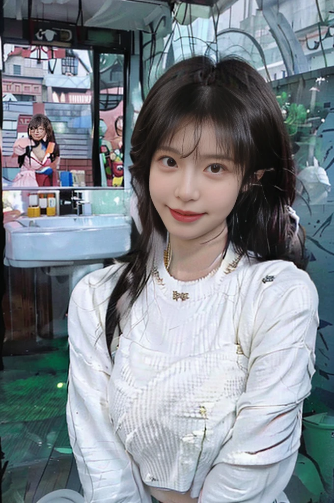 best qualtiy, Ultra-high resolution, (realisticlying:1.4),cute hairpin,Baoyu Girl,1girll,Long pink sweater,Long pink sweater ,Beautiful woman with a slim figure:1.4, abs:1.1, (A brown-haired, mideum breasts:1.3), Long pink sweater, bathroom,Ultra-fine face,Elaborate Eyes,double eyelid,ssmile,choker necklace