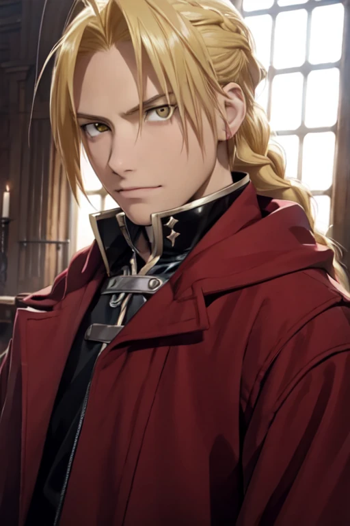 masterpiece, best quality, wallpaper, 1boy, solo, male focus, looking at viewer, realistic, [[edward_elric|blonde ikemen]:edward_elric:16]blonde hair, yellow eyes, braid, single braid, braided ponytail, single mechanical arm, 32k resolution, (upper body:1.5), black clothes, red coat
BREAK
edward_elric 