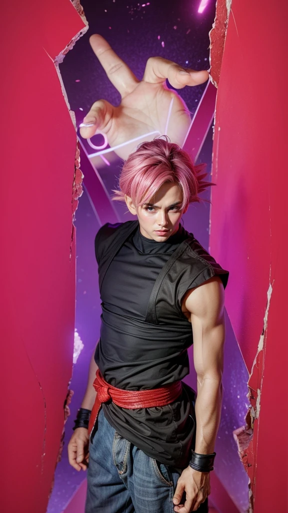 ((masterpiece, best quality)),(complex light), 1boy,solo,upper body, goku black,pink hair,pink eyes, destroyed debris background,red aura, cinematic