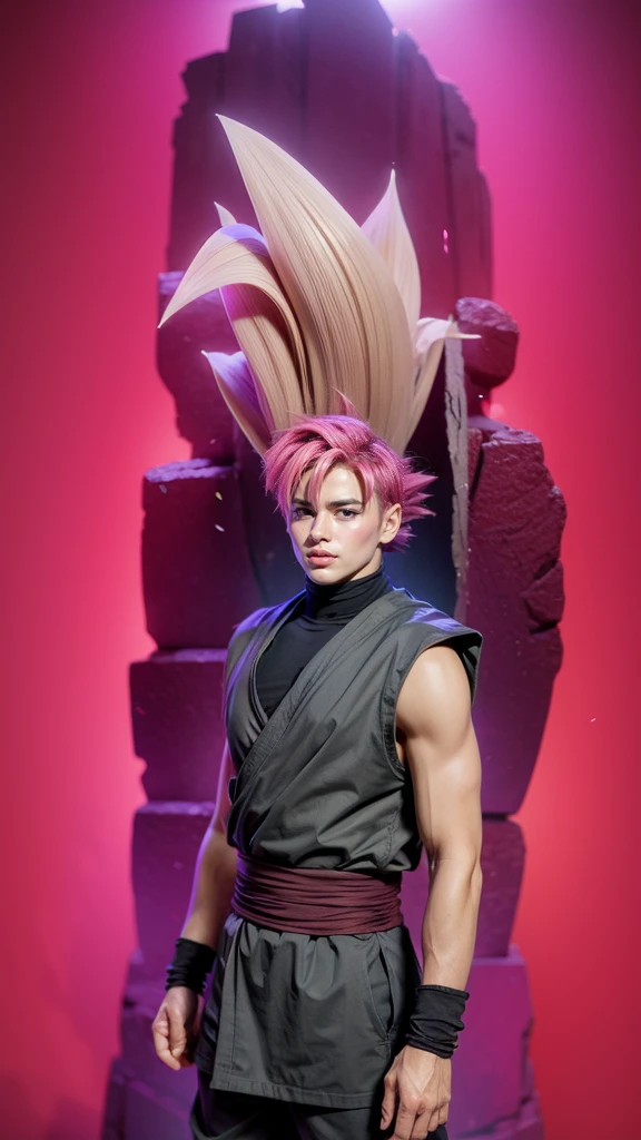 ((masterpiece, best quality)),(complex light), 1boy,solo,upper body, goku black,pink hair,pink eyes, destroyed debris background,red aura, cinematic