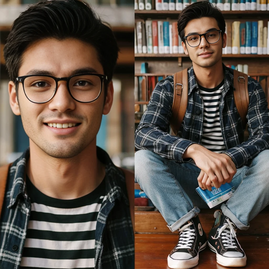 The original photo with the male model in the picture is eating at a meatball stall and wearing different clothes