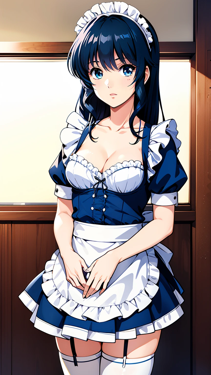 LynnMinmay, 1girl, solo, black hair, cowboy shot, ultra-detailed, best quality, masterpiece, illustration, game cg, (maid), short puffy sleeves, small maid apron, thigh highs, collarbone, cleavage