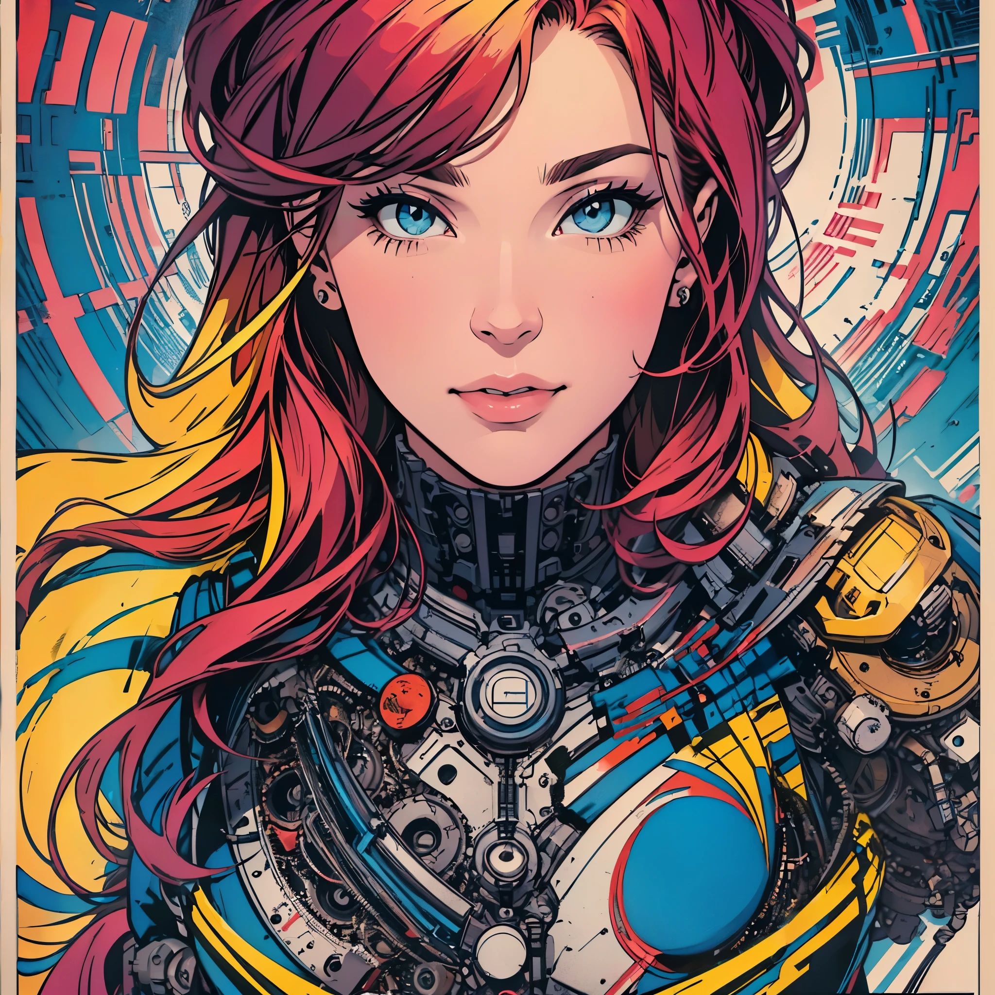 (((ultimate best quality))),((((solo:1.2)))),((((1girl:1.2)))),((((beautiful perfect woman)))),(((detailed perfect body, detailed perfect finger))),((((((ultimate movie poster)))))),(((bust up, close up))),((((detailed complicated machine)))),(((((genius mechanical))))),(((American comics))),(((extreme highlights))),(((Extremely colorful, primary colors))),cleavage, super beautiful lady,(((typography))),text