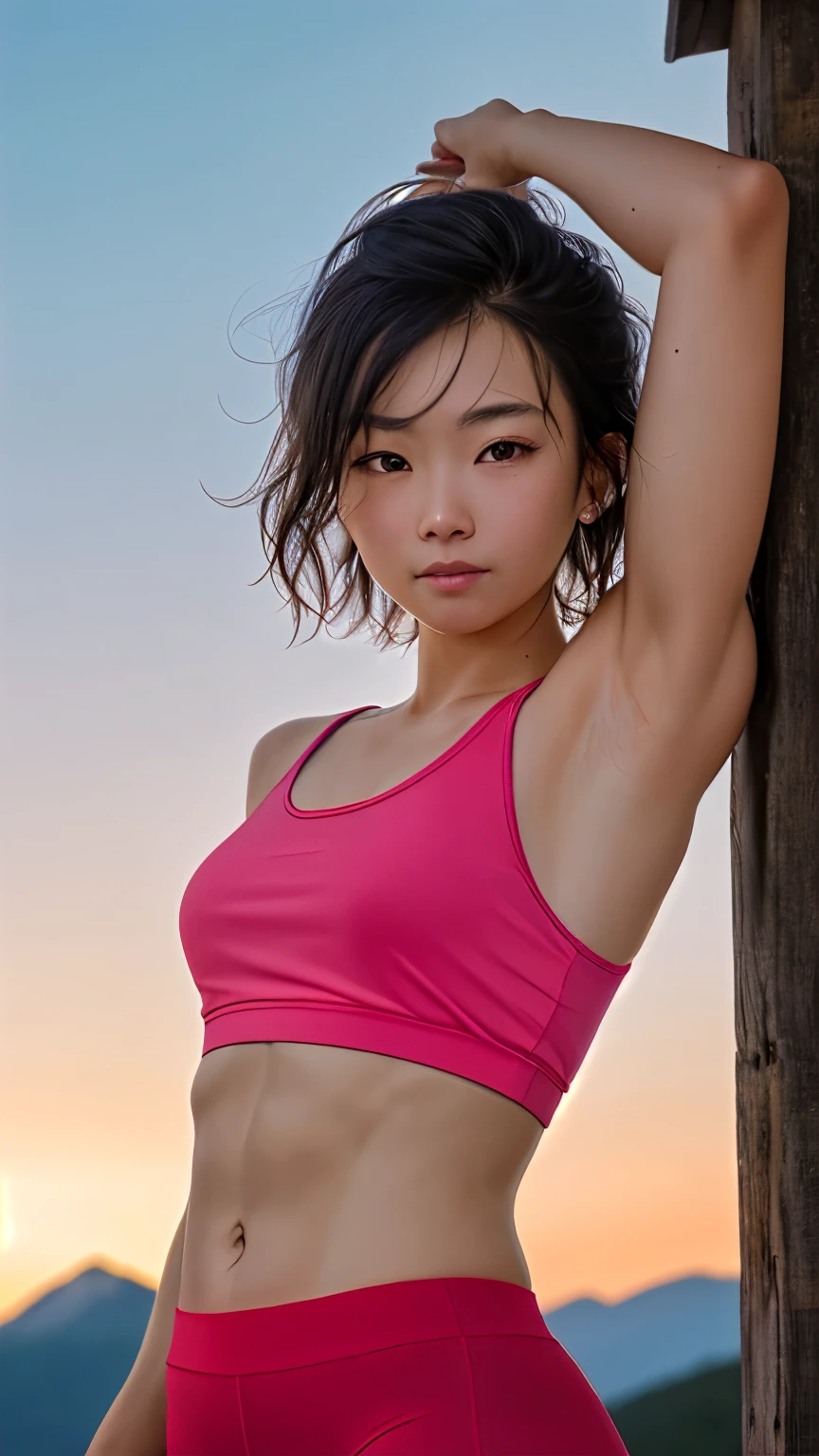 Look at me, immature body, small breasts, white tank top, red sneakers, pink leggings, muscular body, plump waist, detailed skin, detailed beautiful face, black bob hair, well-proportioned face, skin glistening with sweat, small face, armpits, Japanese 18 years old, photo of one girl, mountain sunset, blurred background, from below, beautiful face, detailed face, best quality, highest definition, highest reality, masterpiece, live photo, cinematic, best quality, high definition, ultra definition, ultra realistic