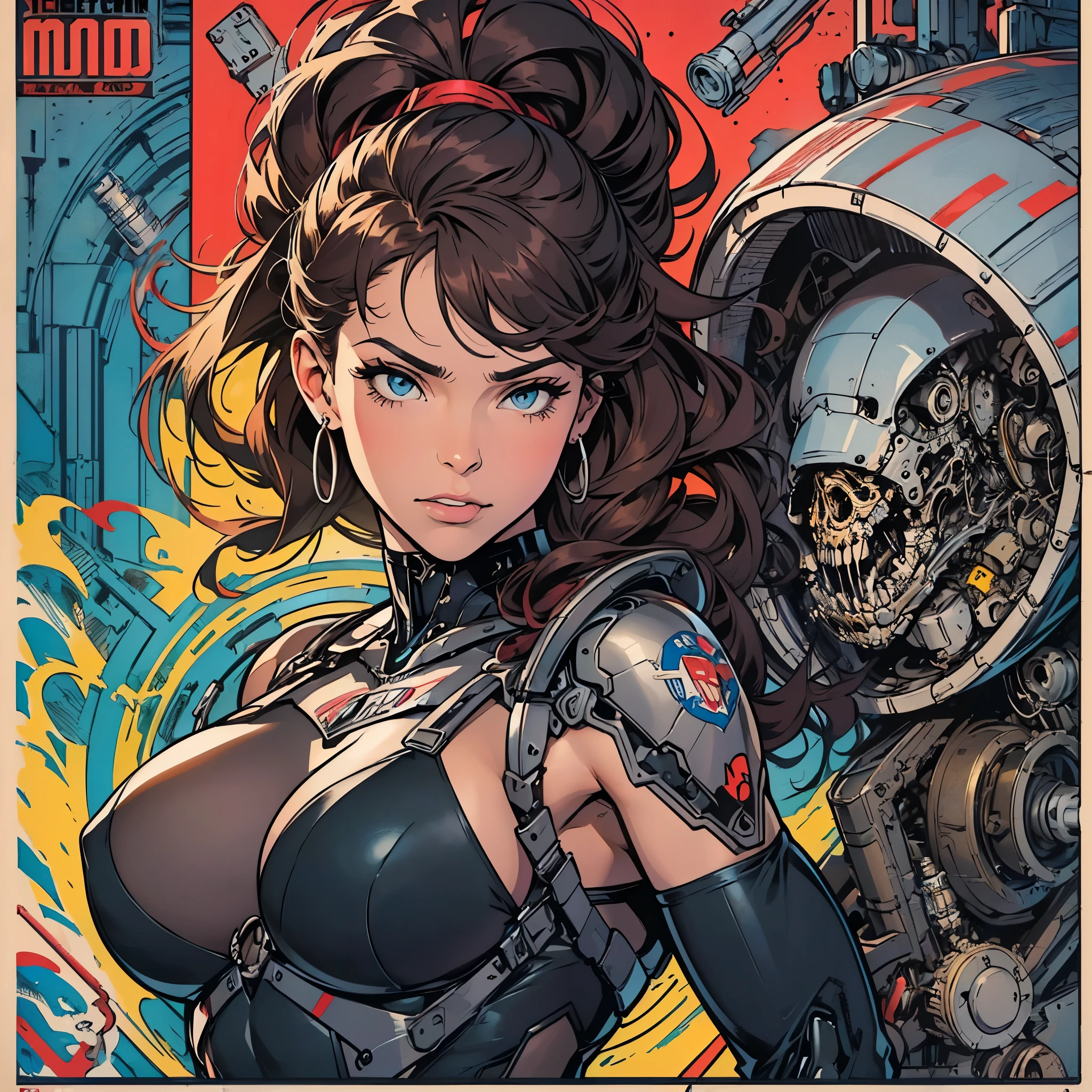 (((ultimate best quality))),((((solo:1.2)))),((((1girl:1.2)))),((((beautiful perfect woman)))),(((detailed perfect body, detailed perfect finger))),((((((ultimate movie poster)))))),(((bust up, close up))),((((detailed complicated machine)))),(((((genius mechanical))))),(((American comics))),(((extreme highlights))),(((Extremely colorful, primary colors))),cleavage, super beautiful lady,(((typography))),text