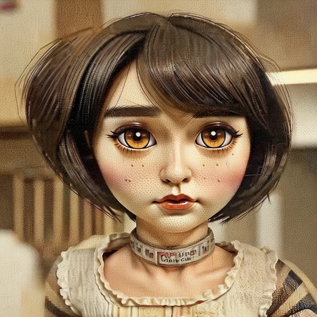 Blythe the doll with brown eyes and has short black hair, dollcore