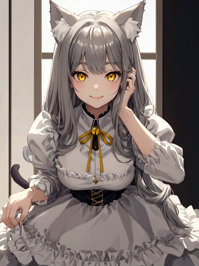((masterpiece)), ((best quality)), (close-up:1.3), (half-body shot:1.36), perfect anatomy, 1girl, solo, cat girl, gray hair, yellow eyes, gray cat ears, gray fluffy cat tail, basic white dress, standing straight, smiling, lighting from front, looking at viewers