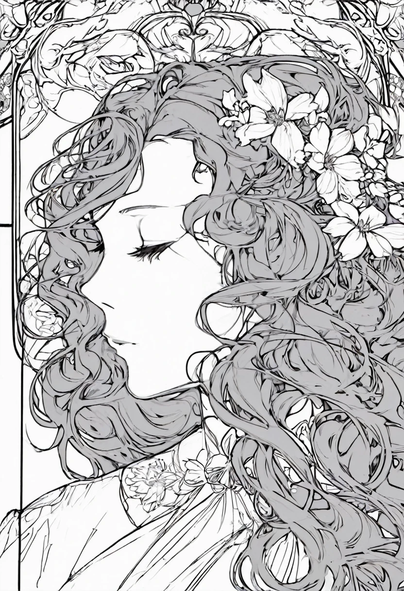 a white and black European women's face portrait with a white background, long curly hair, floral frame, decorative panel, abstract Art by Alphonse Mucha, sketch, character lines and scenes without colors and shadows. Detailed, Intricate Details, line art, Fibonacci