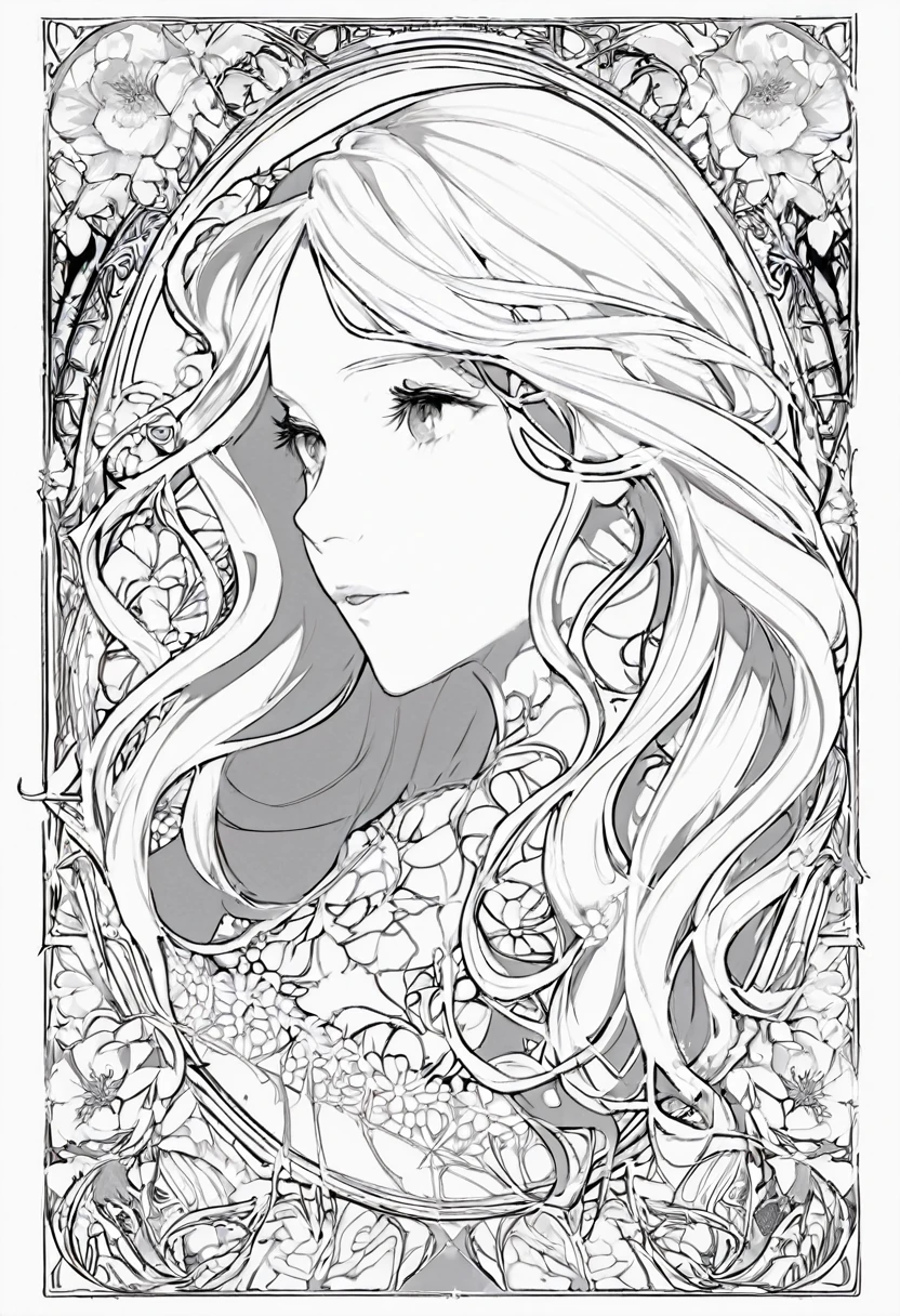 a white and black European women's face portrait with a white background, long curly hair, floral frame, decorative panel, abstract Art by Alphonse Mucha, sketch, character lines and scenes without colors and shadows. Detailed, Intricate Details, line art, Fibonacci