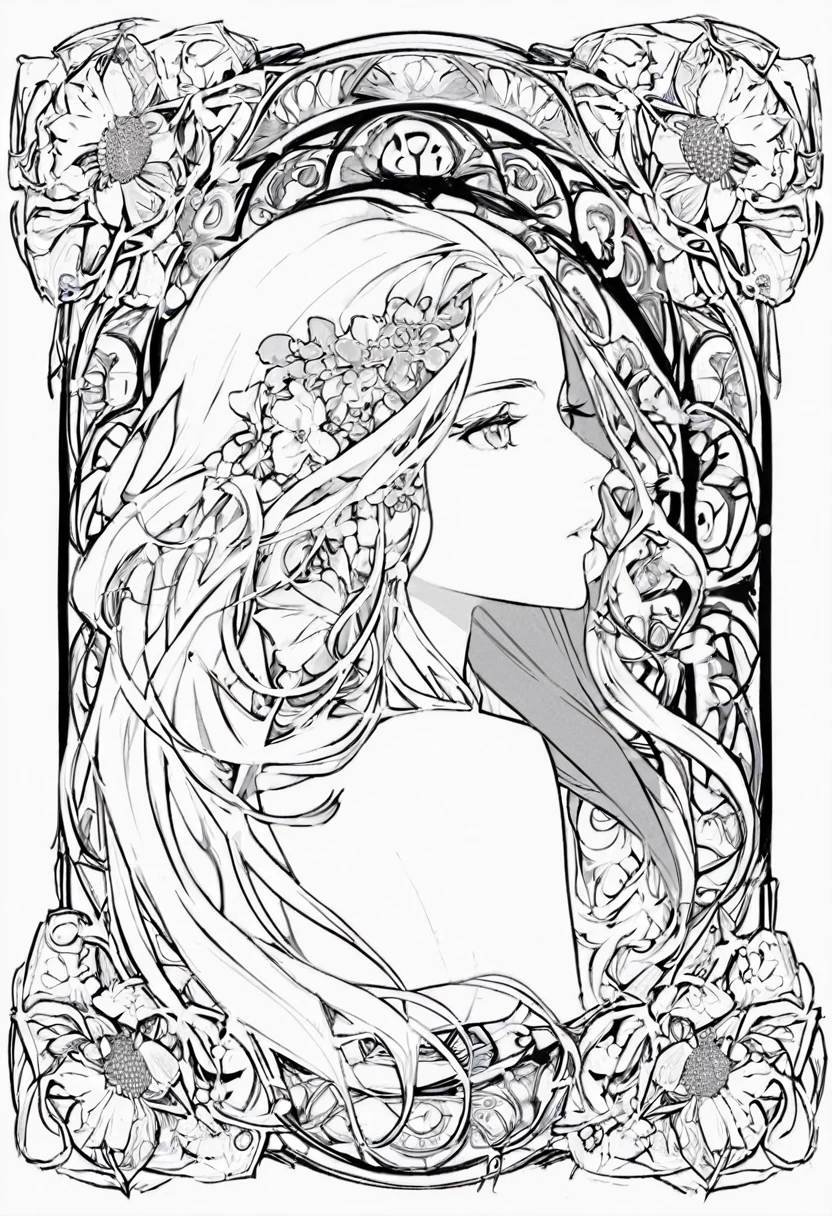 a white and black European women's face portrait with a white background, long curly hair,  floral frame, decorative panel, abstract Art by Alphonse Mucha, sketch, character lines and scenes without colors and shadows. Detailed, Intricate Details, line art, Fibonacci