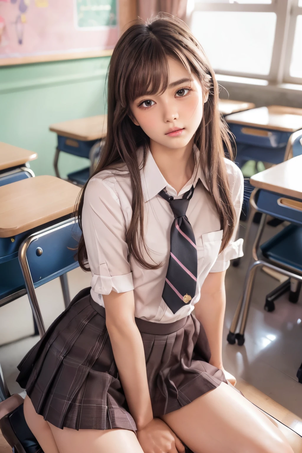 (Showing off panties:1.2), (Professional portrait, Realistic and perfectly shaped subjects:1.3), (masterpiece, highest quality:1.2), (Realistic, Ultra-realistic, Realistic:1.3), (ultra High resolution), High resolution, Intricate details, Super detailed, (Highly detailed CG, unity 8k wallpaper:1.3), Clear image,
break
(1 Japanese girl, 16 years old), (cute, Slender figure), (Perfect Anatomy, Correct limbs:1.2), (Perfect hands), Perfect Arms, Beautiful and delicate face down to the last detail, Beautiful and delicate eye and eye highlights, (Very thin and delicate、not too long lashes), (Captivating eyes, Beautifully detailed eyes and face), light makeup, Pink Lip, Lip gloss, Stylish face, (Shiny skin, Realistic skin detail), Brown Hair, medium chest
break
((school uniform)), (High school girl), (Black socks), shirt open
break
classroom, Sitting in a chair, (Cowboy Shot), break 
(((blush:1.4))), ((Embarrassing:1.4)), (((shy:1.5)))
break
from below
break