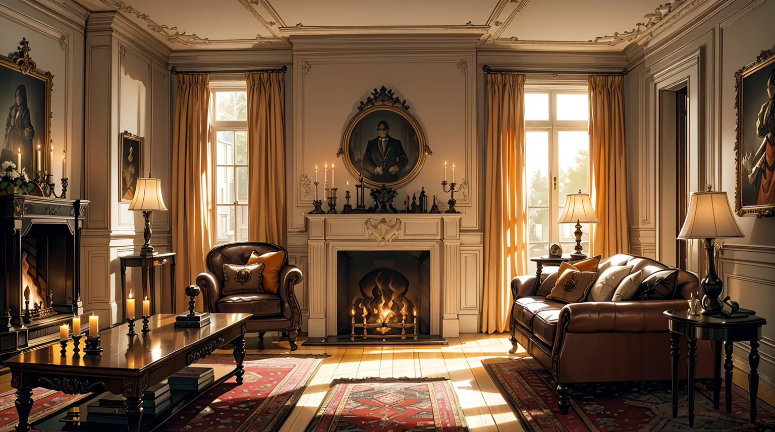 Interior, victorian Manor with reliquies, (((Nigth))), (((moonligth enters the living room))) soft pale orange palette, soft secundary exterior ligth