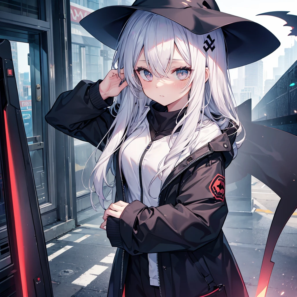 (((Grim Reaper&#39;s Scythe)))　(((Gray Hair　short hair　blue eyes　woman　Large Breasts　smile)))，((Give a hand　My own big wings))，(Wearing a hood　Black camisole　Purple light　Cute pose)，　Shining Background　Shining Edges