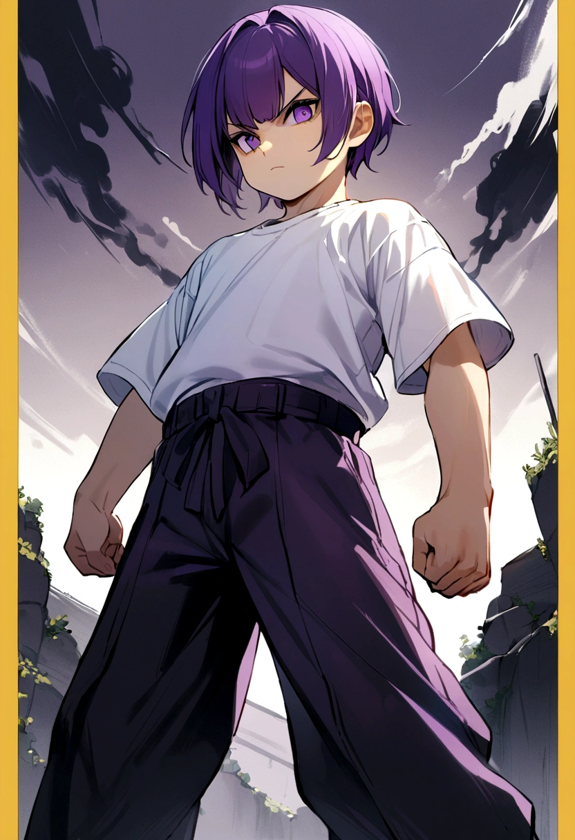 6 years old boy, purple hair with bangs, dark purple eyes, black 2-strap pants, white t-shirt with yellow border. arrogant