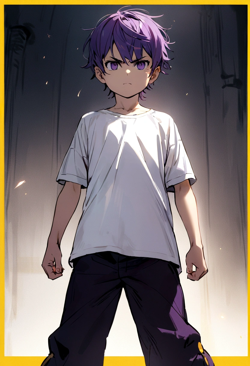 6  boy, purple hair with bangs, dark purple eyes, black 2-strap pants, white t-shirt with yellow border. arrogant