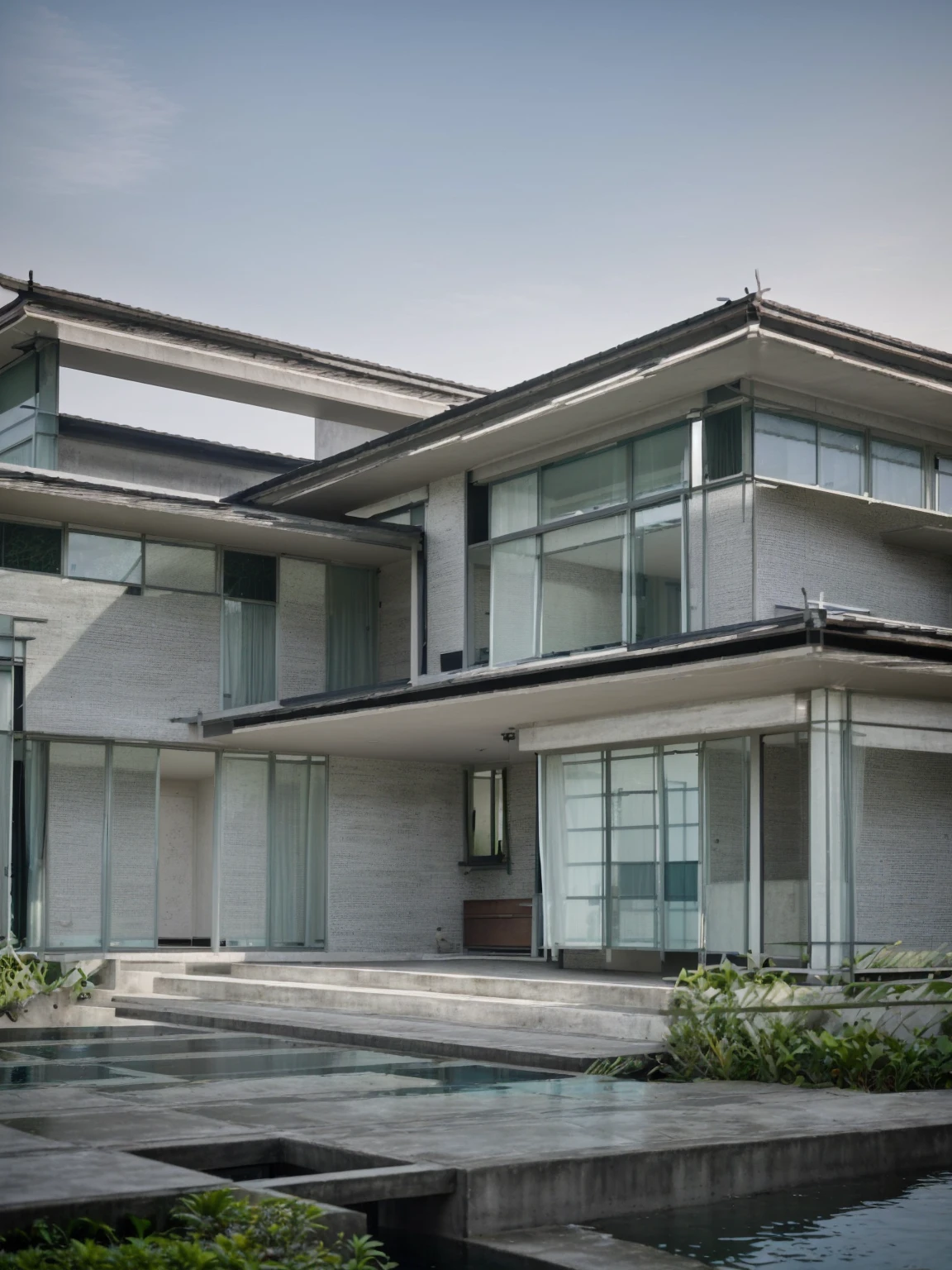 A Modern concrete house in the nhiệt đới forest, Next to a pond there are many aquatic plants,8K, thực tế, A beautiful villa with swimming pool, Detailed water, plant, day, light, darkness, Modern villas,