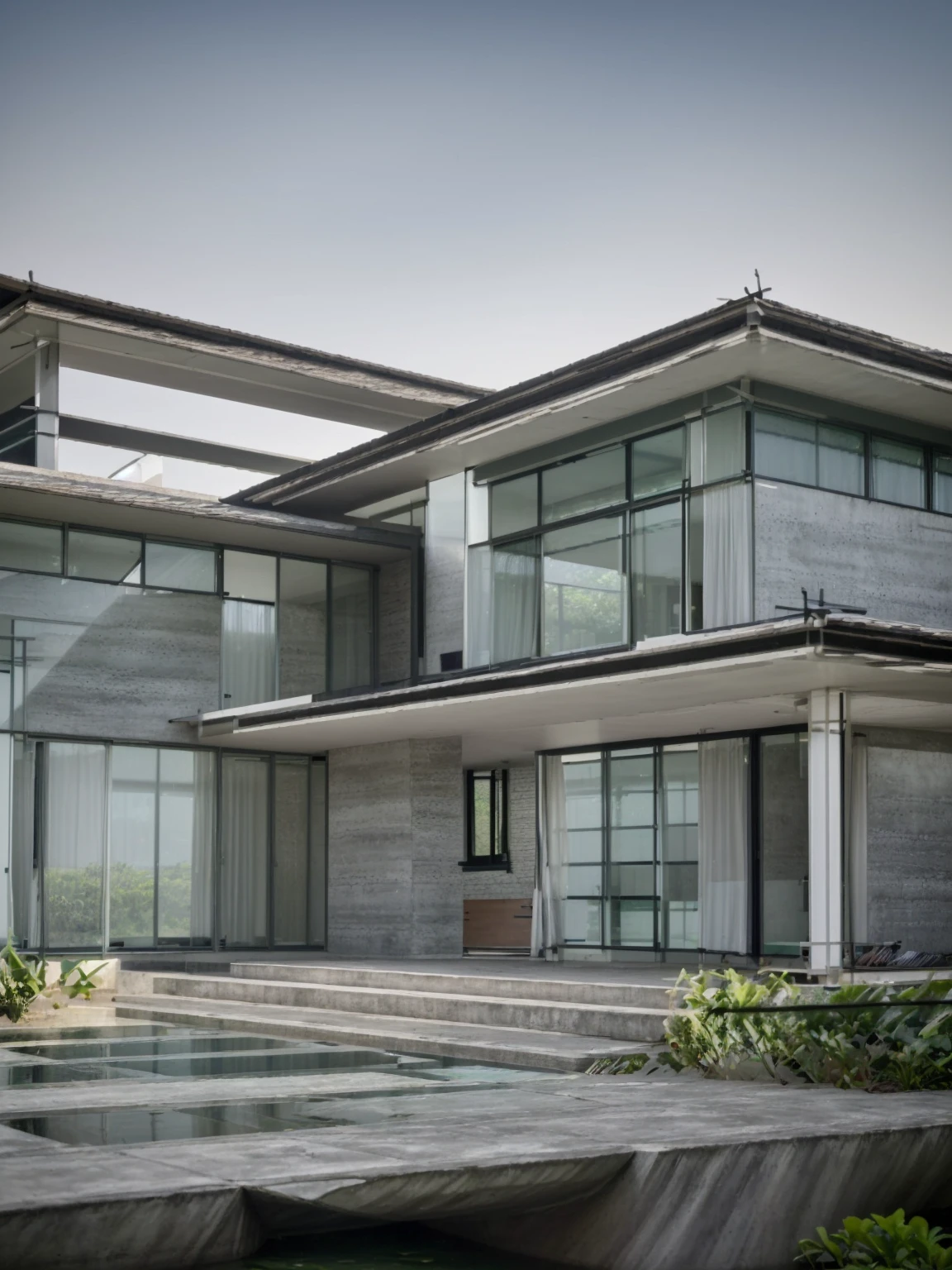 A Modern concrete house in the nhiệt đới forest, Next to a pond there are many aquatic plants,8K, thực tế, A beautiful villa with swimming pool, Detailed water, plant, day, light, darkness, Modern villas,
