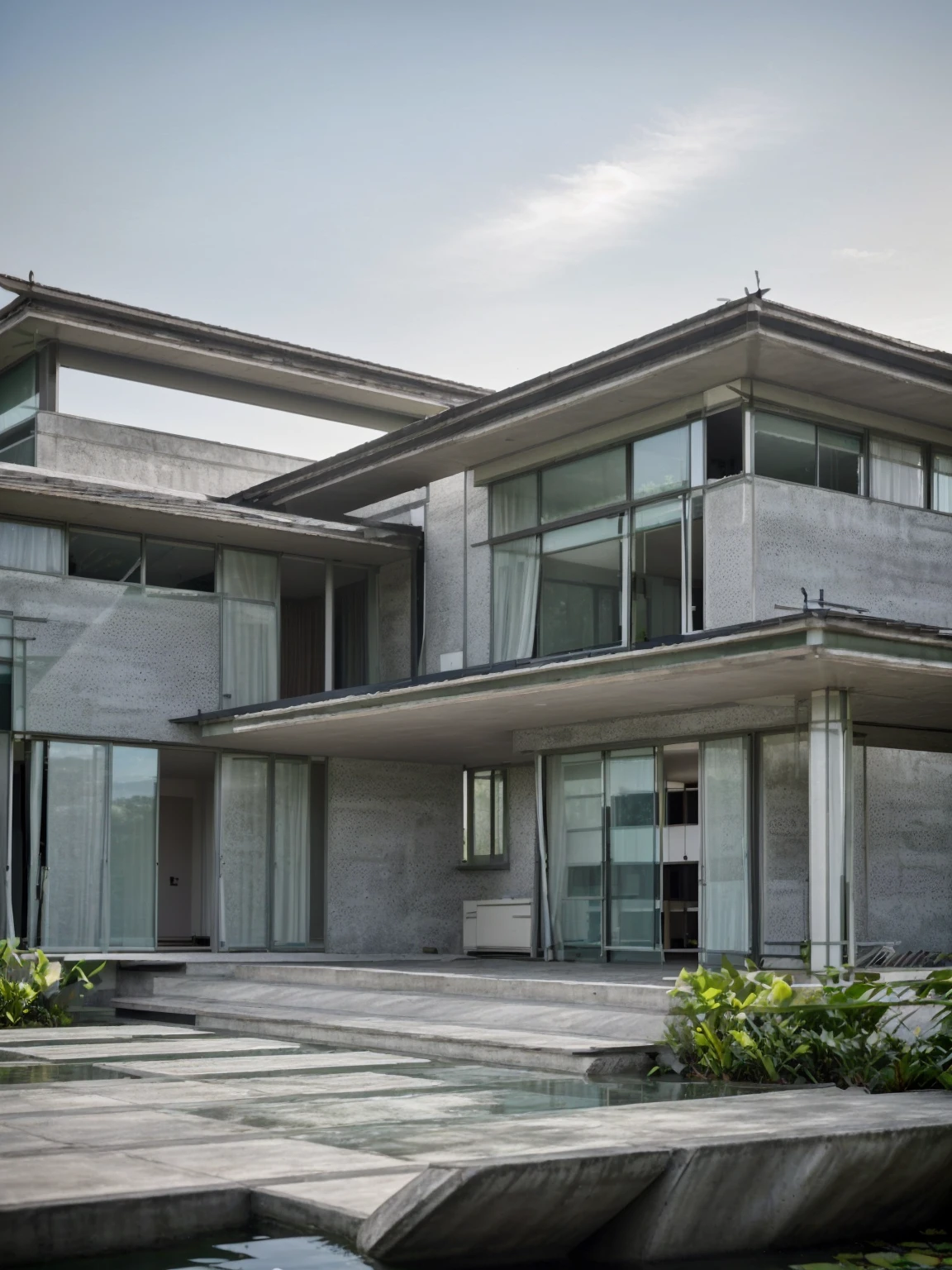 A Modern concrete house in the nhiệt đới forest, Next to a pond there are many aquatic plants,8K, thực tế, A beautiful villa with swimming pool, Detailed water, plant, day, light, darkness, Modern villas,