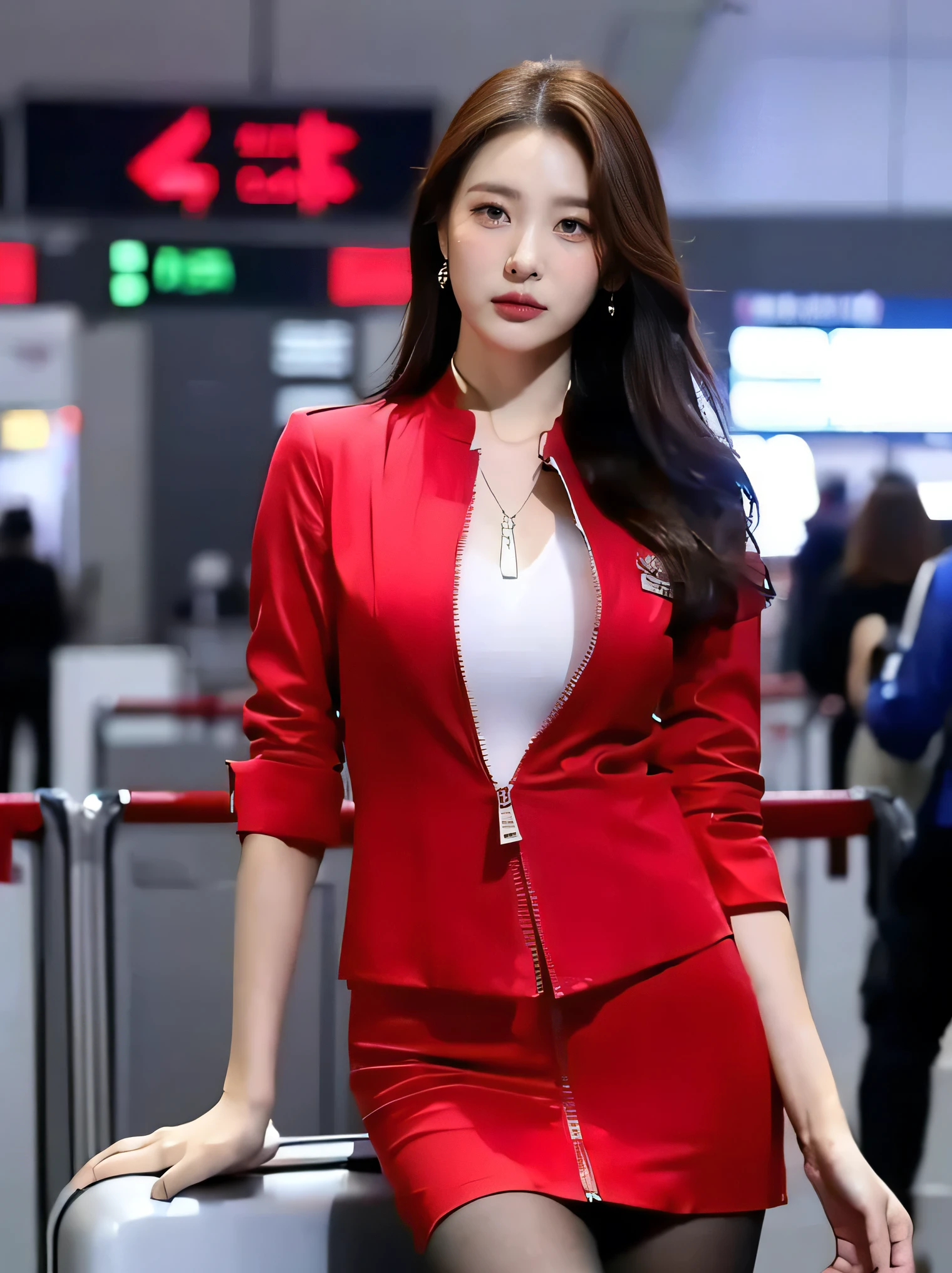 (masterpiece:1.2, highest quality:1.2), 32k HDR, High resolution, (alone, 1 girl), （Realistic style of AirAsia stewardess uniform）, neat woman, beautiful face, brown hair, (long hair down to waist), (red jacket:1.1, Unzipped jacket, unbuttoned white shirt:1.05, red mini skirt:1.1, pantyhose), perfect slim body:1.1, huge breasts, Huge breasts cleavage, detailed skin texture, fine eyes, (fascinating look:1.2), necklace、earrings、(forward leaning posture:1.5, in an airport, London , Heathrow airport,blue eyes