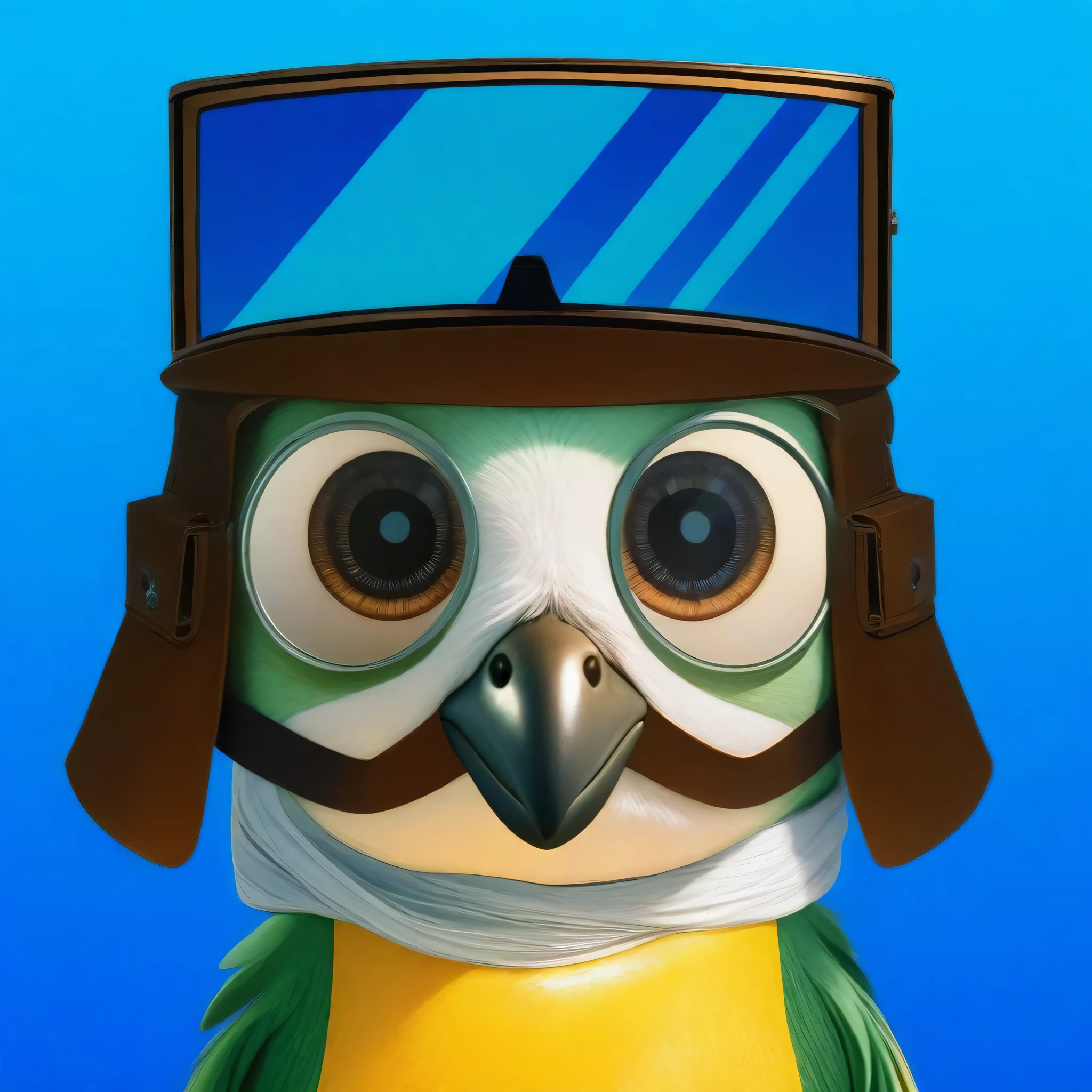 A charming cartoon bird character with large, sparkling eyes looking directly at us. The bird has a green and white face with a prominent big black beak. It wears a brown aviator's helmet with detailed straps and buckles, and large, square, reflective goggles, but these are positioned on top of the bird's head rather than being worn properly. The background is a simple, solid white, highlighting the character and adding to the adventurous feel of the image. The art style is vibrant and expressive, capturing a sense of excitement and playfulnessmultiple light sources, rim light, sharp post effects render, perfect cgi, smooth silhouette, high intensity refraction, most beautiful vfx, realistic, 4k, high resolution, rim light, smooth 3d model